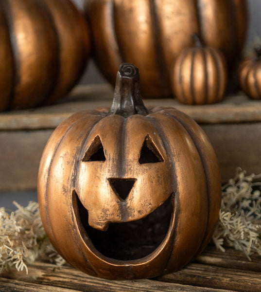 Aged Gold Jack-O-Lantern | Smiling Pumpkin - TheHolidayBarn.com