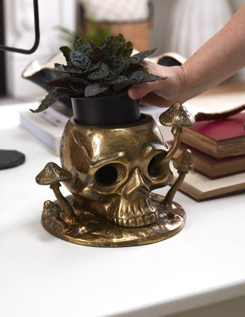 Antique Gold Skull & Mushroom Planter