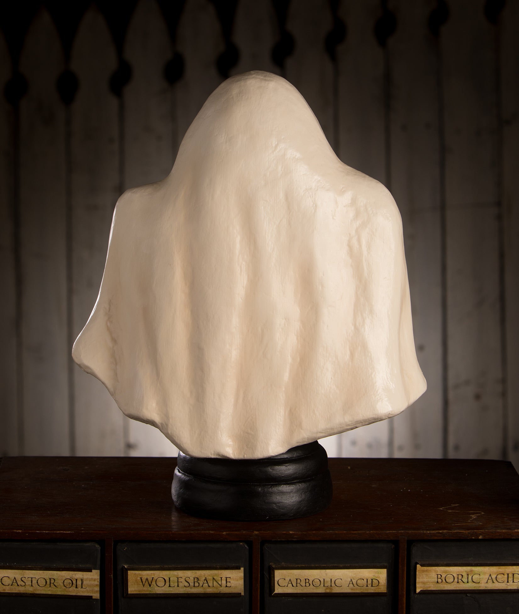 Bethany Lowe Boo Ghost Lantern made from paper mache - shown backside