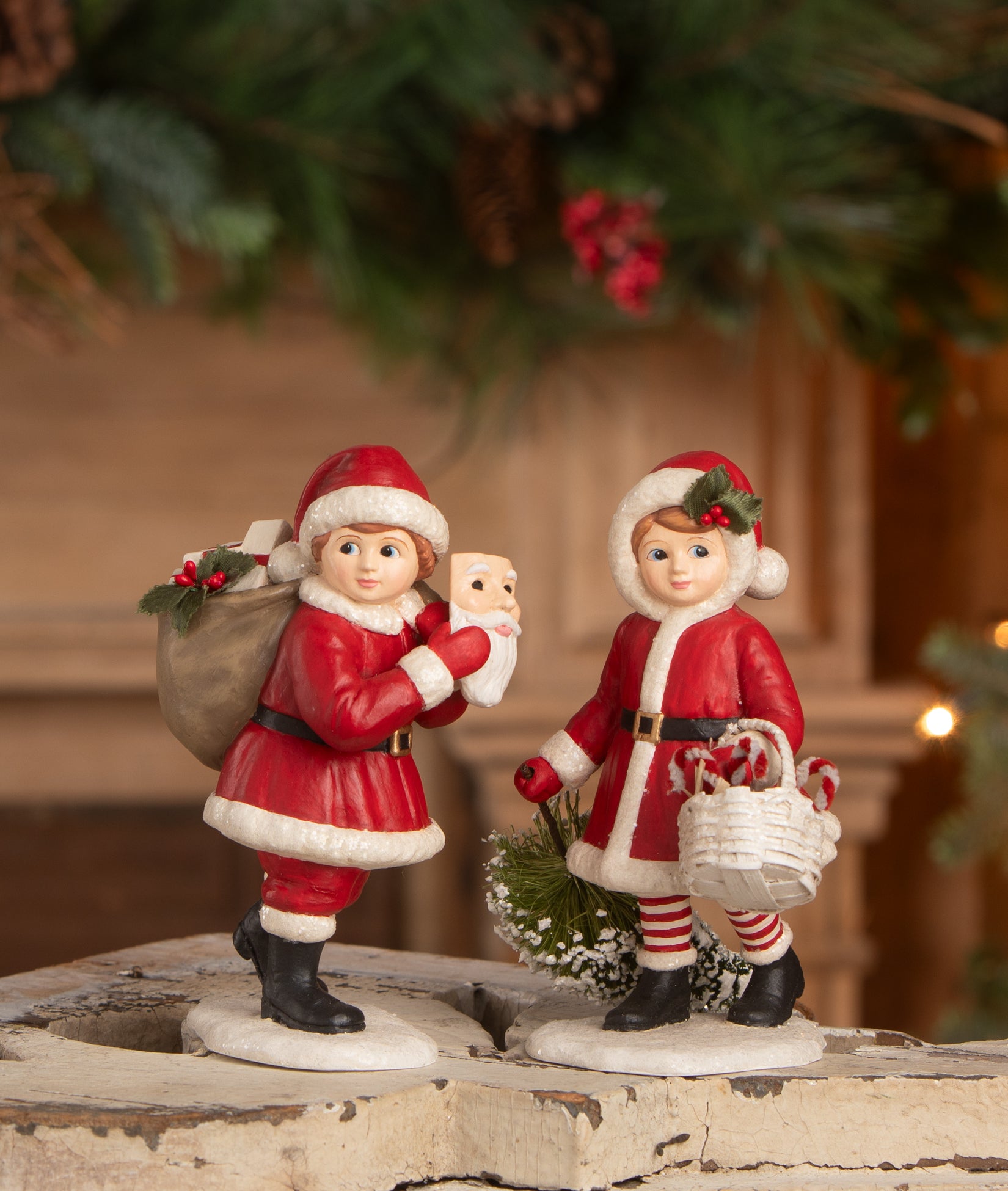 Children in dressed Santa Suits, Christmas figurines by Bethany Lowe