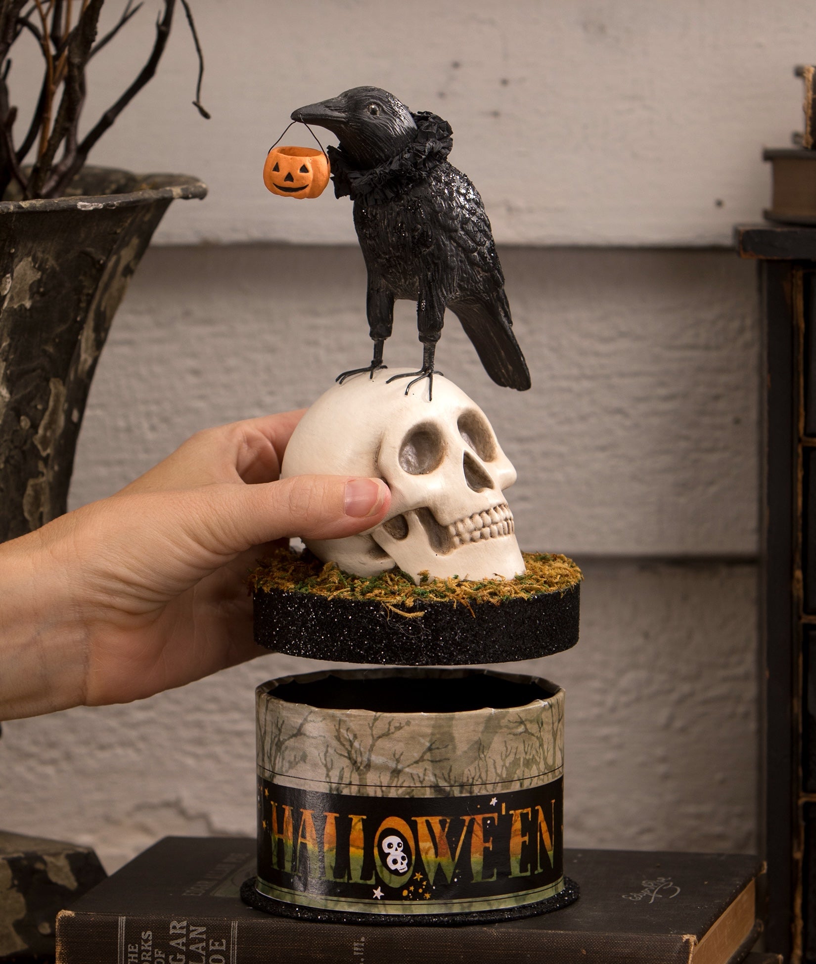 Crow and Skull on Box with Edgar Allan Poe Look
