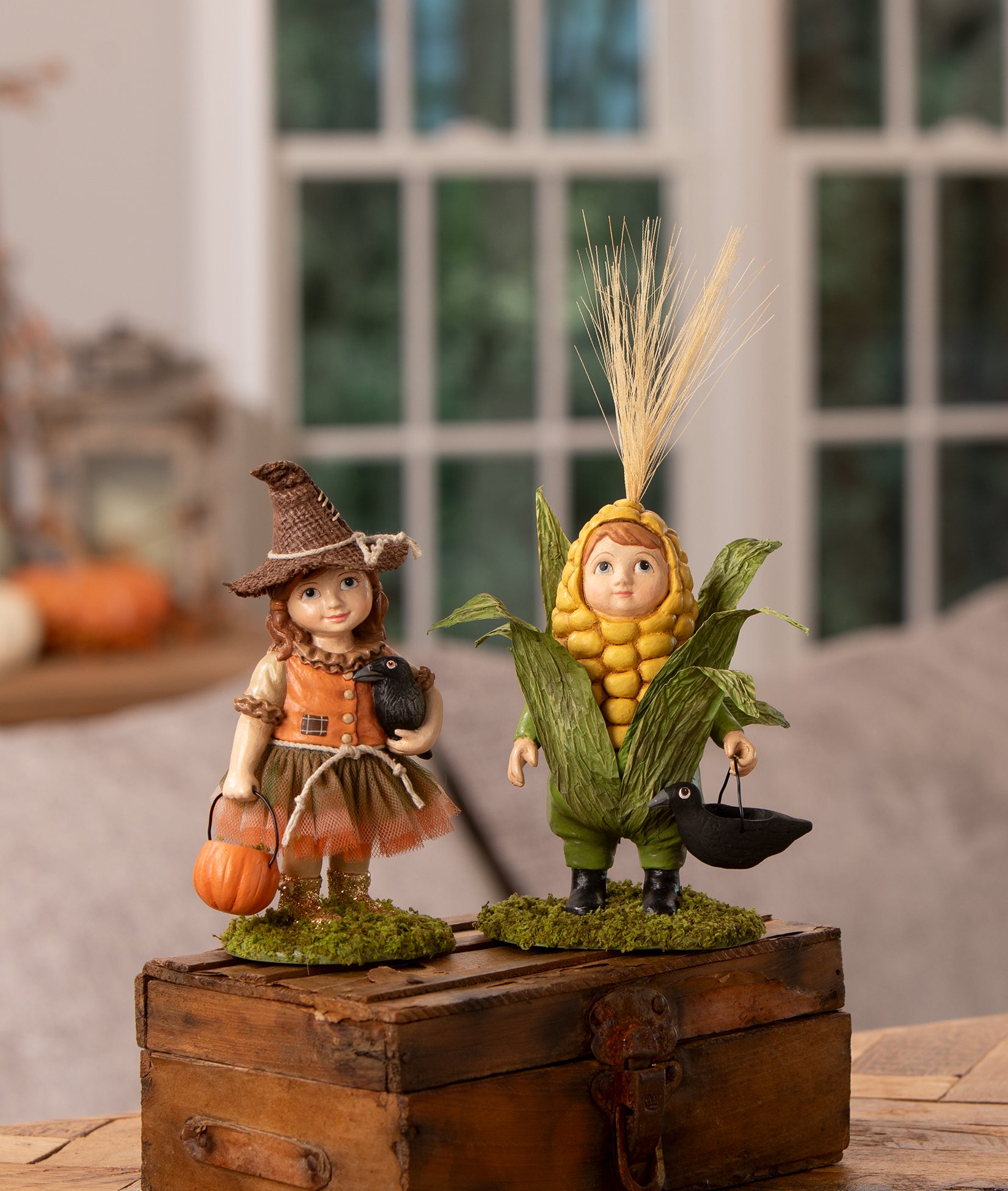 Cute Fall Figurines, Scarecrow Hazel and Corn on the Cobb Curtis from the Bethany Lowe 2026 Fall Collection.