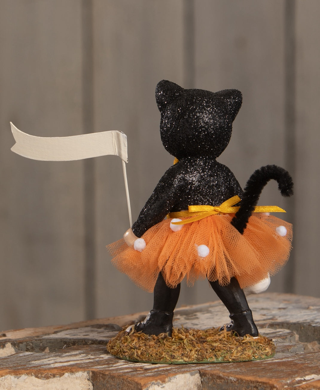 Bethany Lowe Dressed Up Roarie Figurine, girl in cat costume shown backside