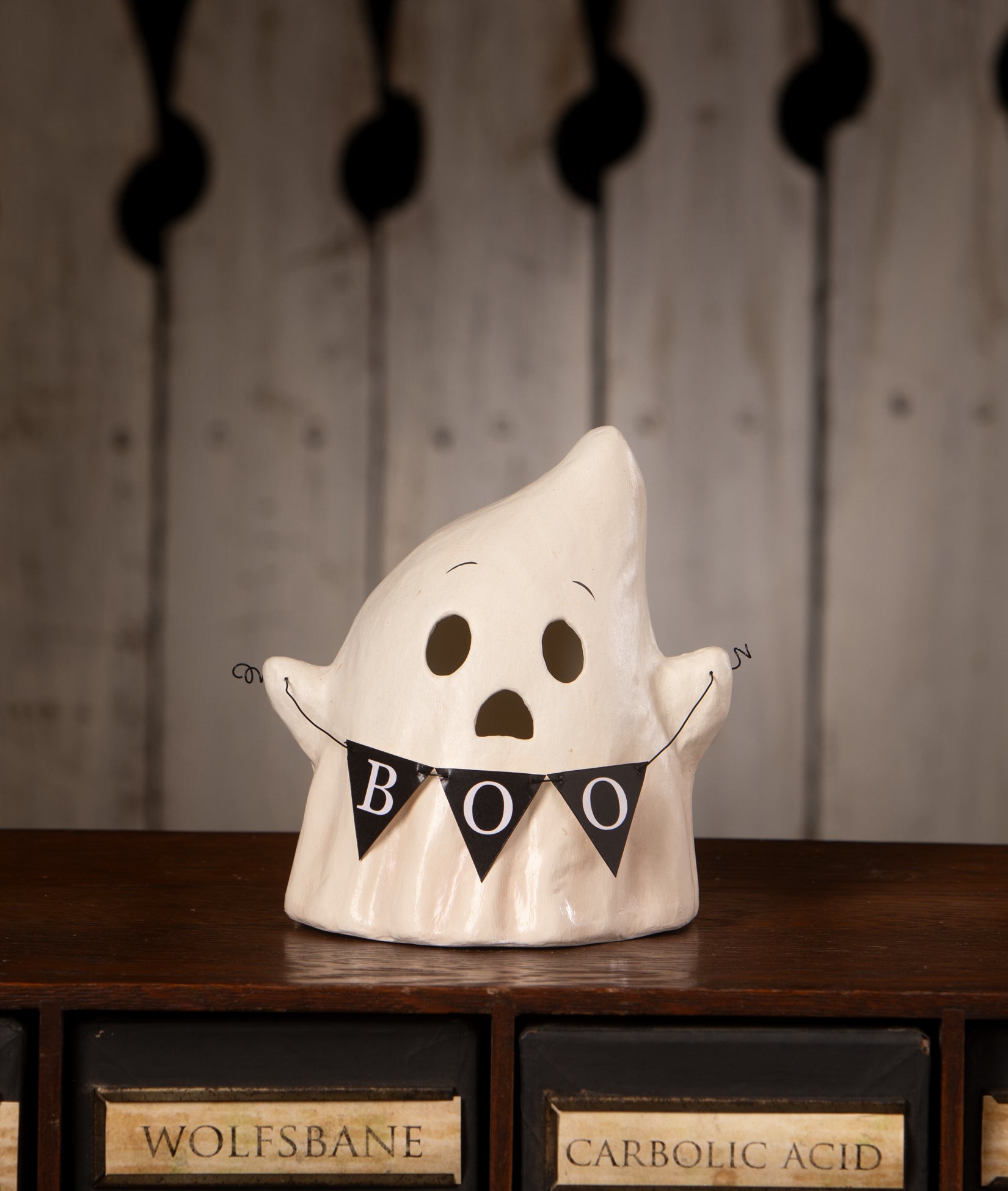 Bethany Lowe Ghost Luminary Boo with Banner made from paper mache.