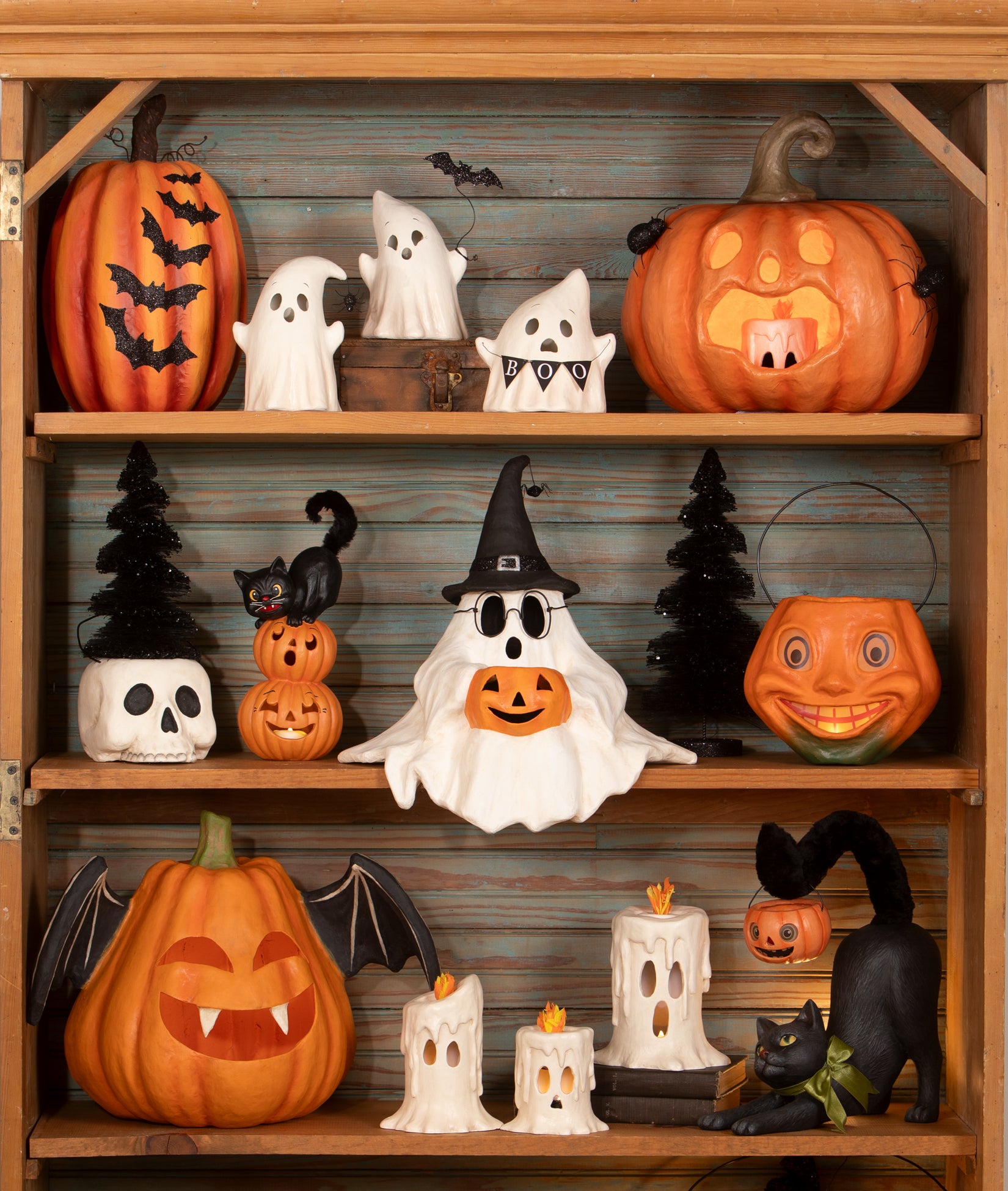 Bethany Lowe Halloween 2026 paper mache decorations shown in a hutch