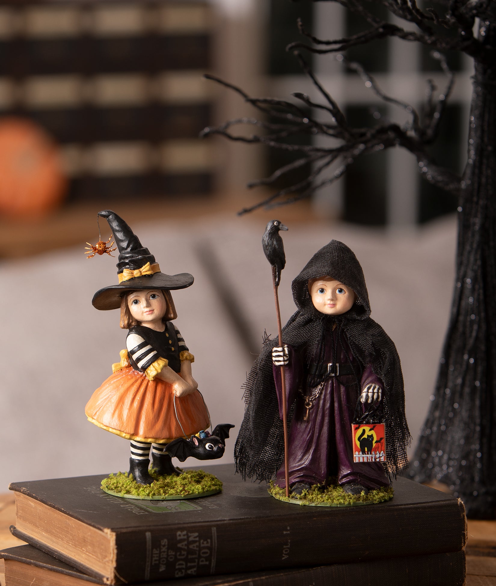 Bethany Lowe Halloween Figurines. Trick-or-treaters, Emery Witch with Bat and Loki Ghoul with Crow.