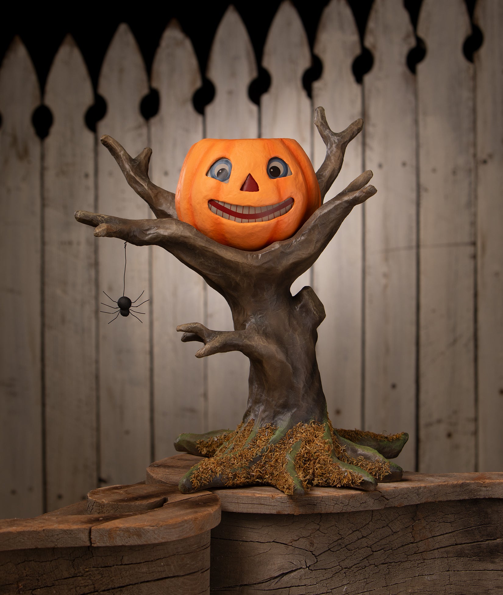 Bethany Lowe Pumpkin Hollow Hideaway - Tree with Pumpkin made from paper mache