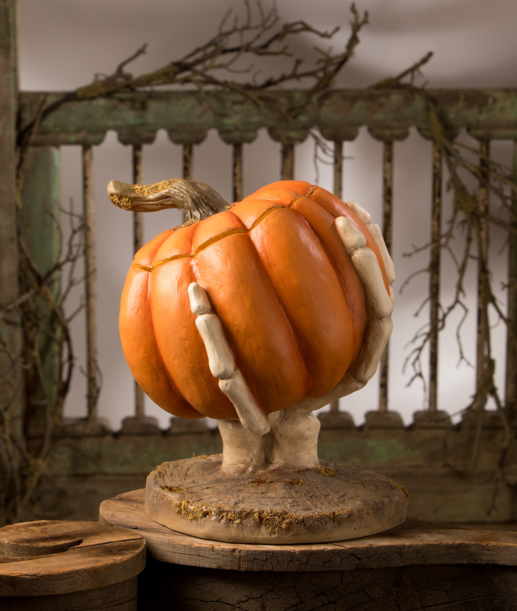 Bethany Lowe Ut-Oh Gotcha Pumpkin in Skeleton Hand - Backside