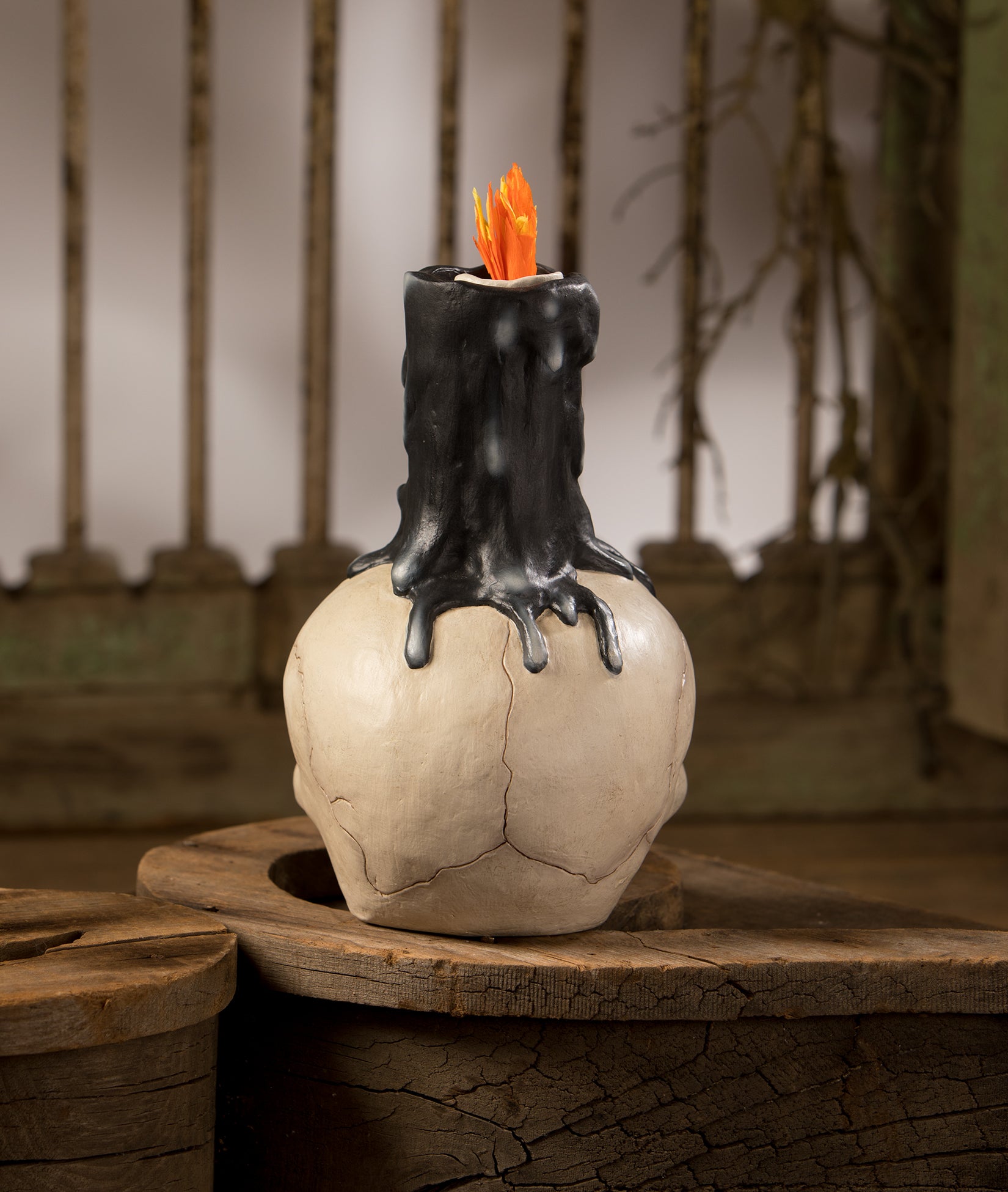 Bethany Lowe Skull Candle Holder with Black Candle