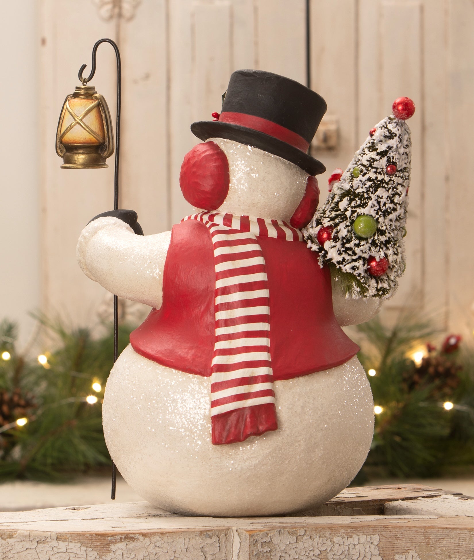 Bethany Lowe Snowman Stanley with Lantern, paper mache Christmas figure.