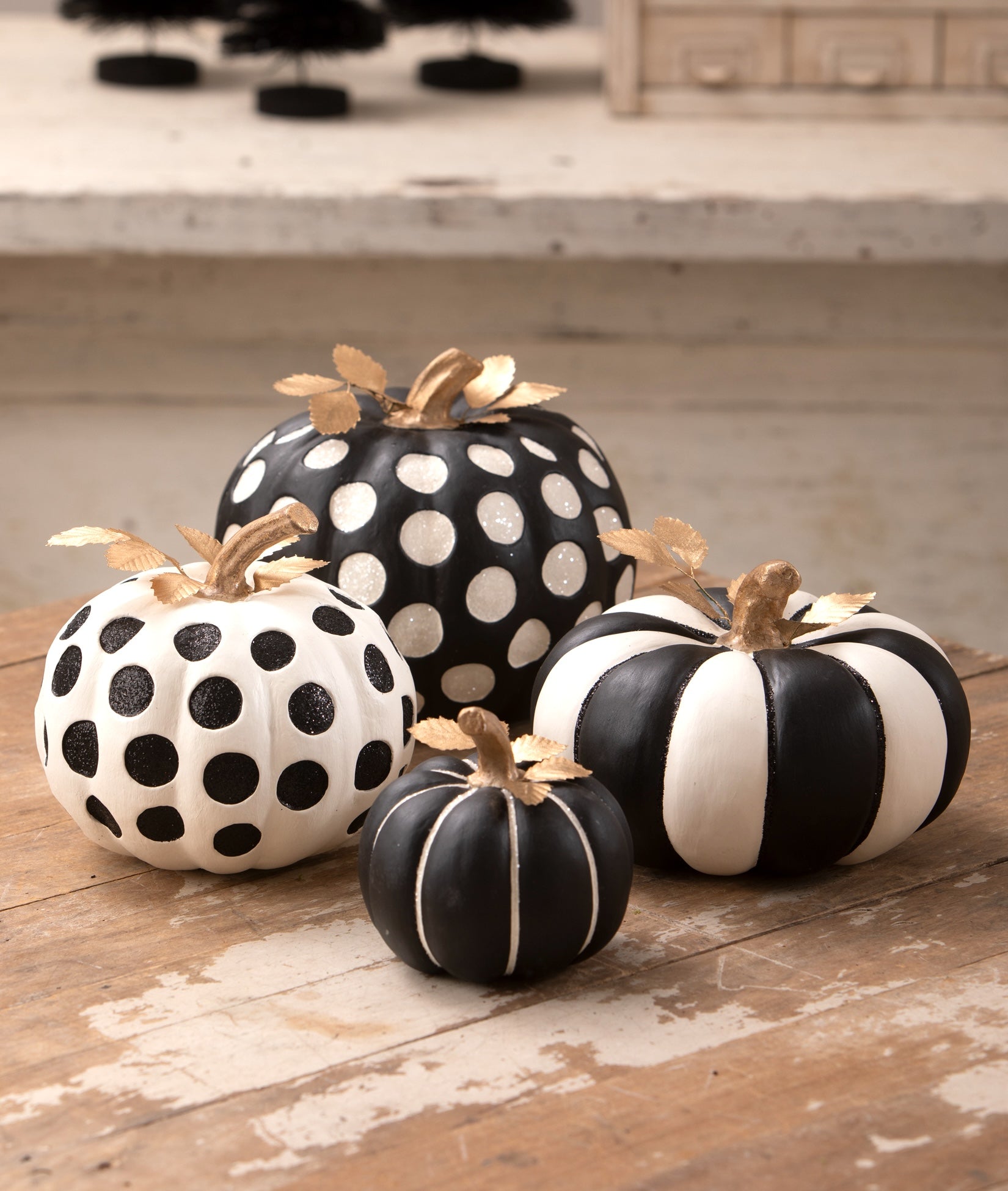 Black and white Halloween pumpkins with polka dots and stripes from the Bethany Lowe Halloween 2026 Collection.