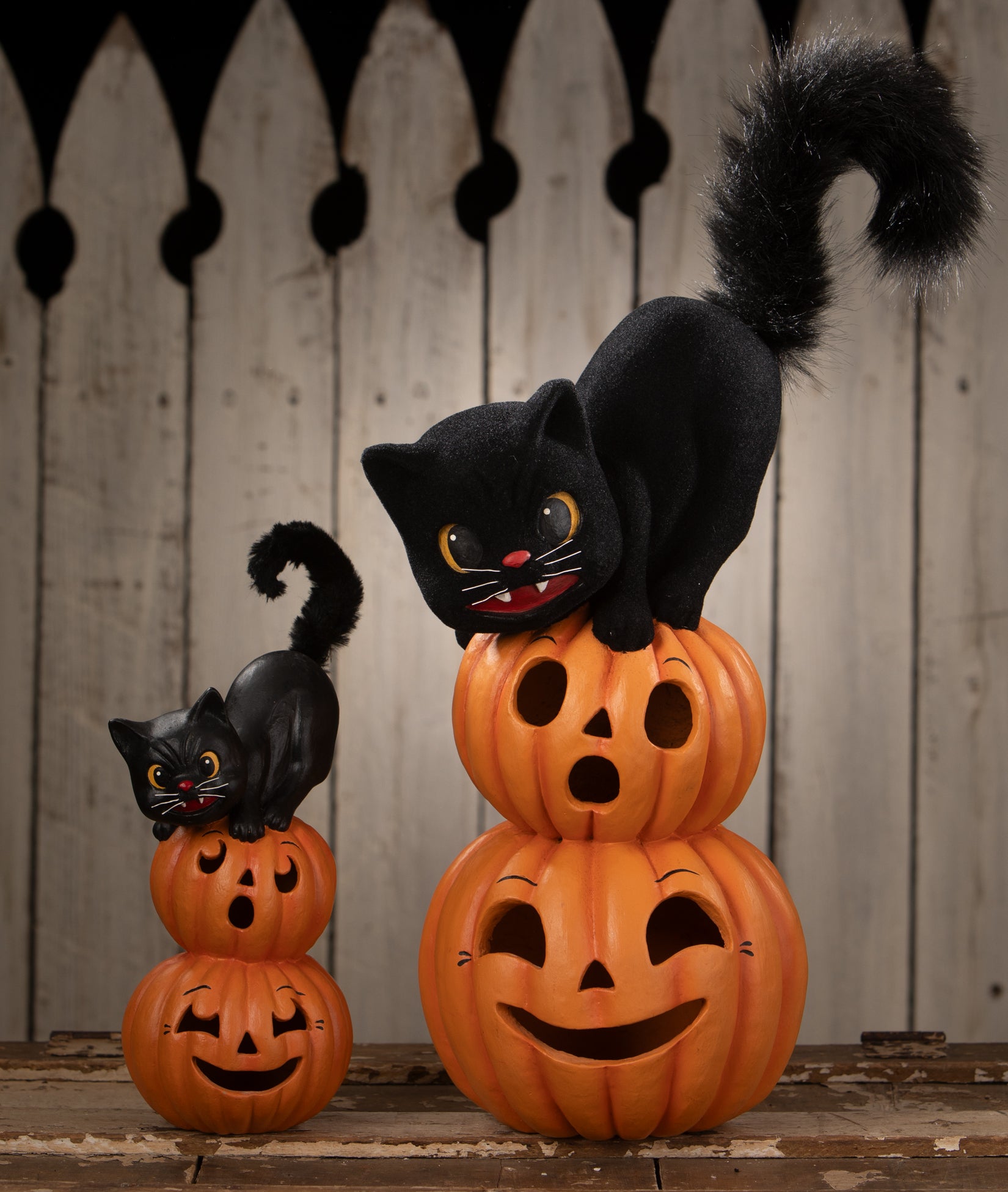 Black cats on Pumpkin Stacks - retro Halloween figurines by Bethany Lowe.