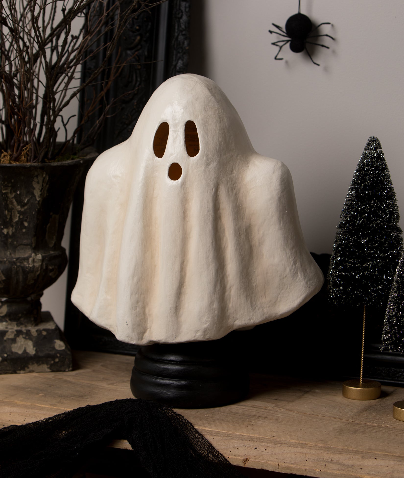 Bethany Lowe Boo Ghost Lantern shown with Halloween decorations
