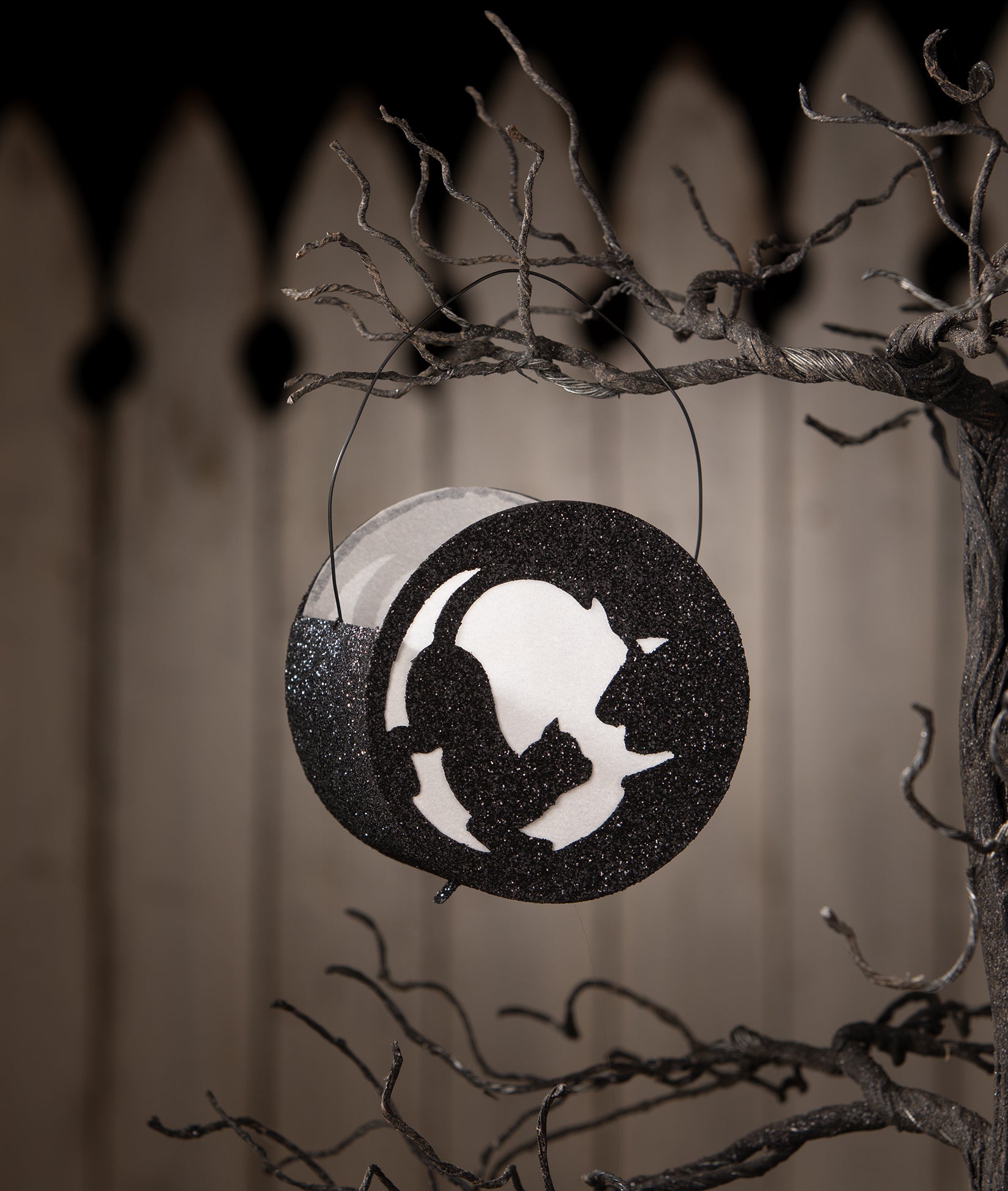 Cat in Moon Lantern can be used to decorate a Halloween tabletop or as an ornament as shown.