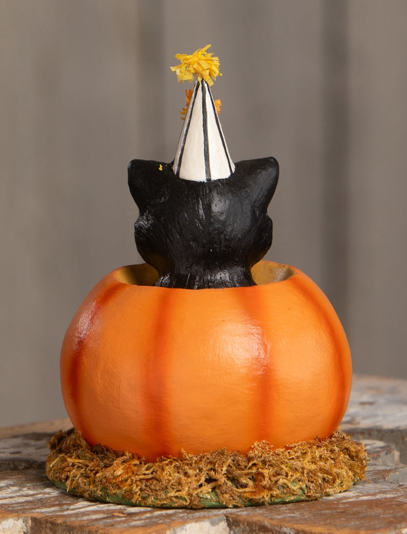 Retro Halloween Decorations - A cat in a pumpkin figurine by Bethany Lowe