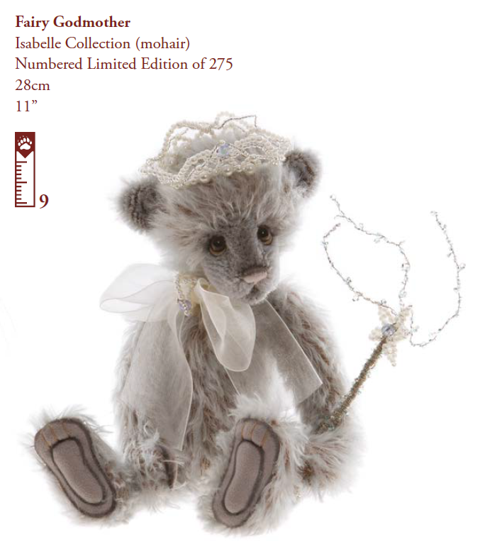 Charlie Bears Fairy Godmother Bear with a Magic Wand and made from blue mohair.