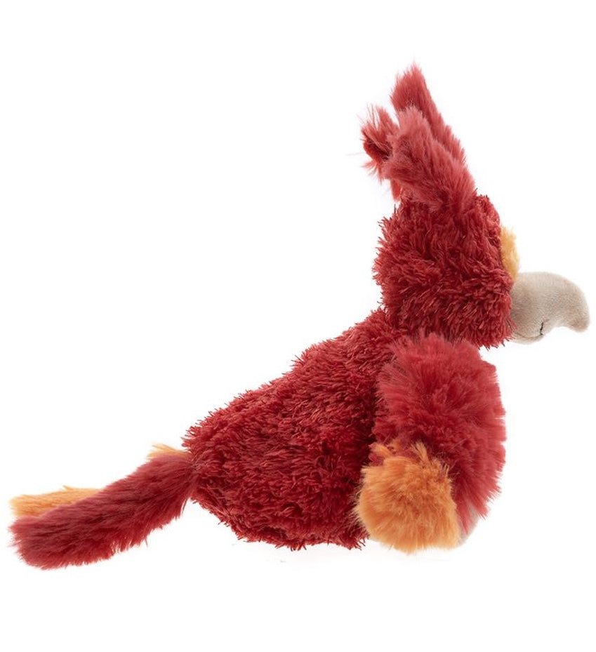 Charlie Bears Firebird, plush red bird stuffed animal shown sideview