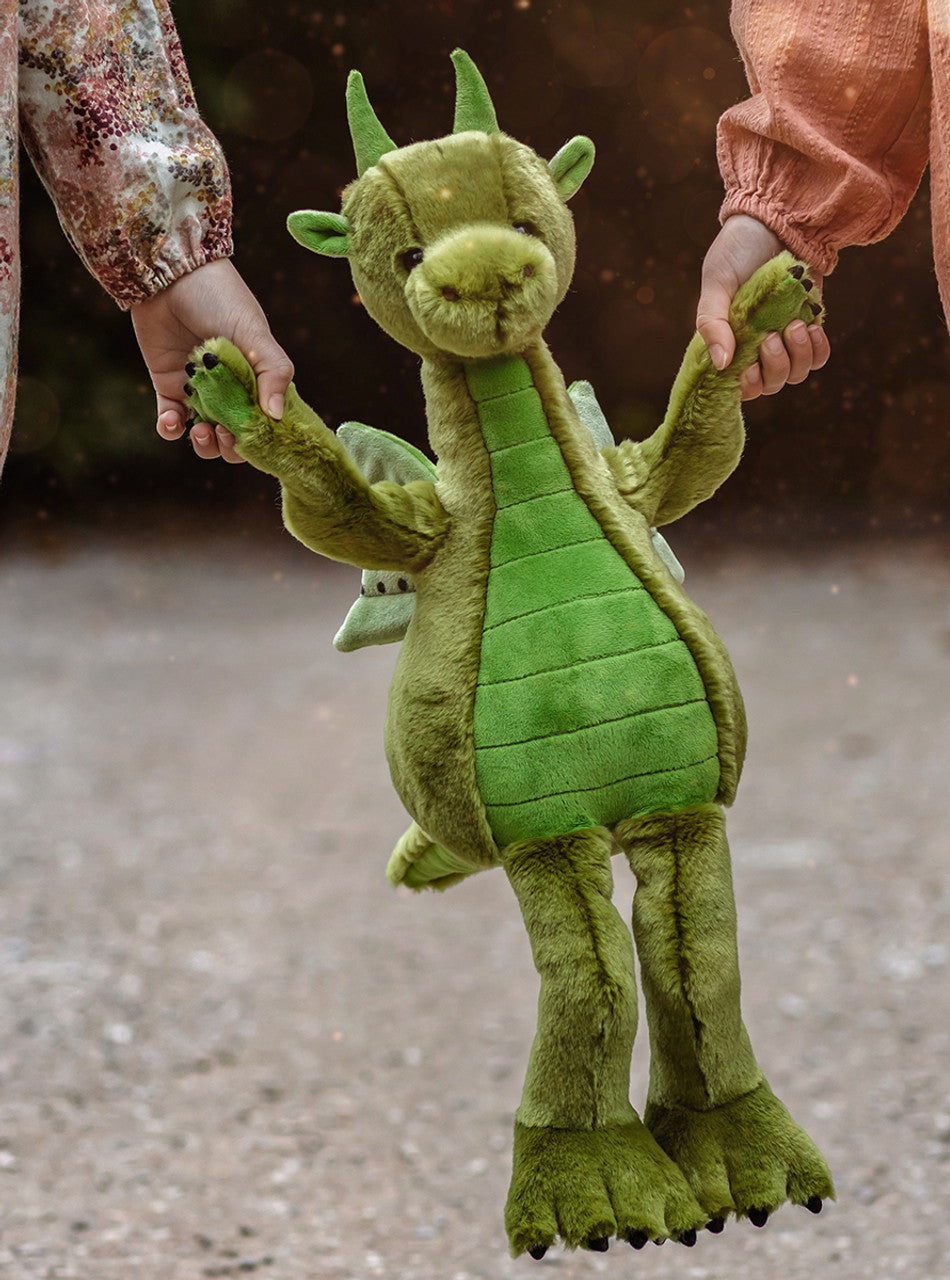 Children Playing with Deck Dragon Stuffed Animal by Charlie Bears - green plush