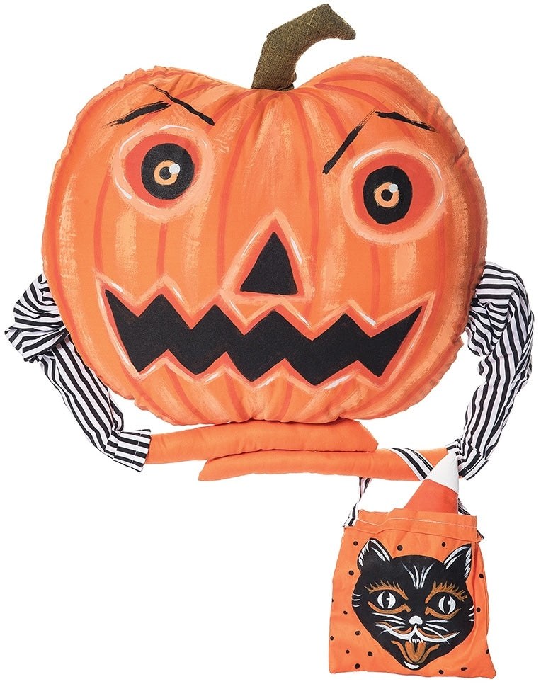 Crazy Jack Pumpkin Pillow, Jack-O-Lantern with retro Halloween treat bag