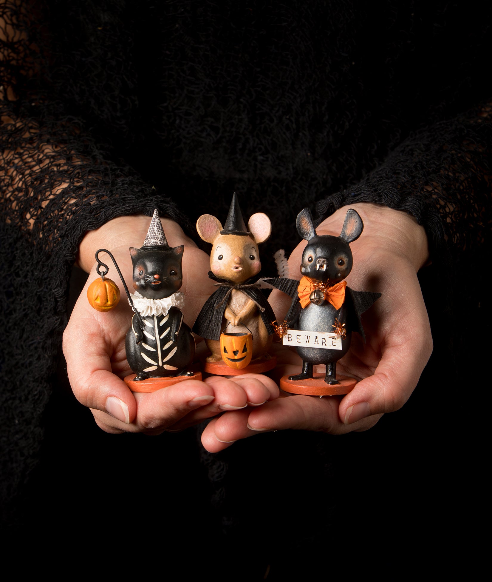 Cute Little Halloween Figurines of a Cat, Mouse, & Bat
