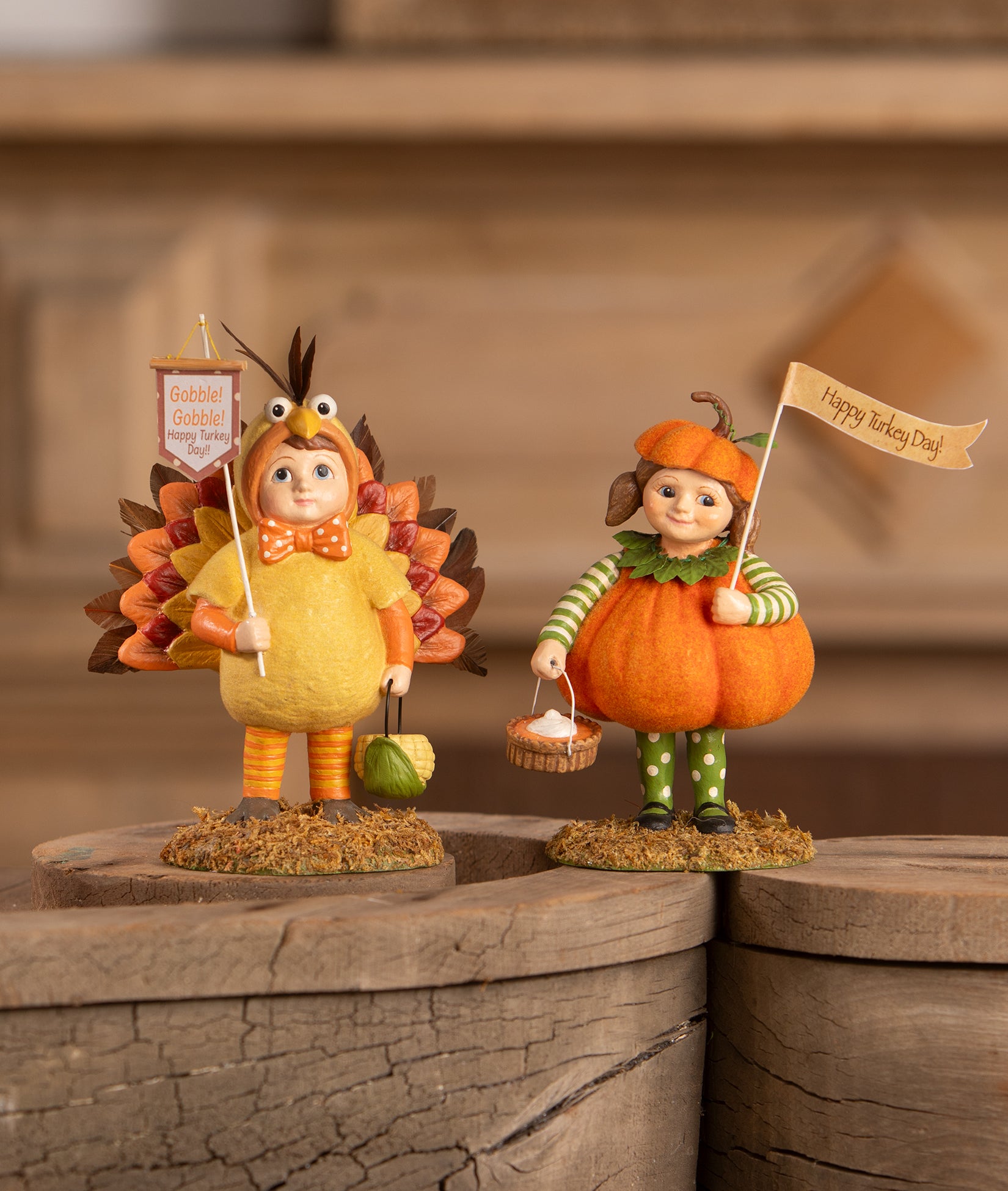 Two Cute Thanksgiving figurines, a boy dressed as a turkey and a girl dressed as a pumpkin carrying a pumpkin pie and sign that says "Happy Turkey Day."