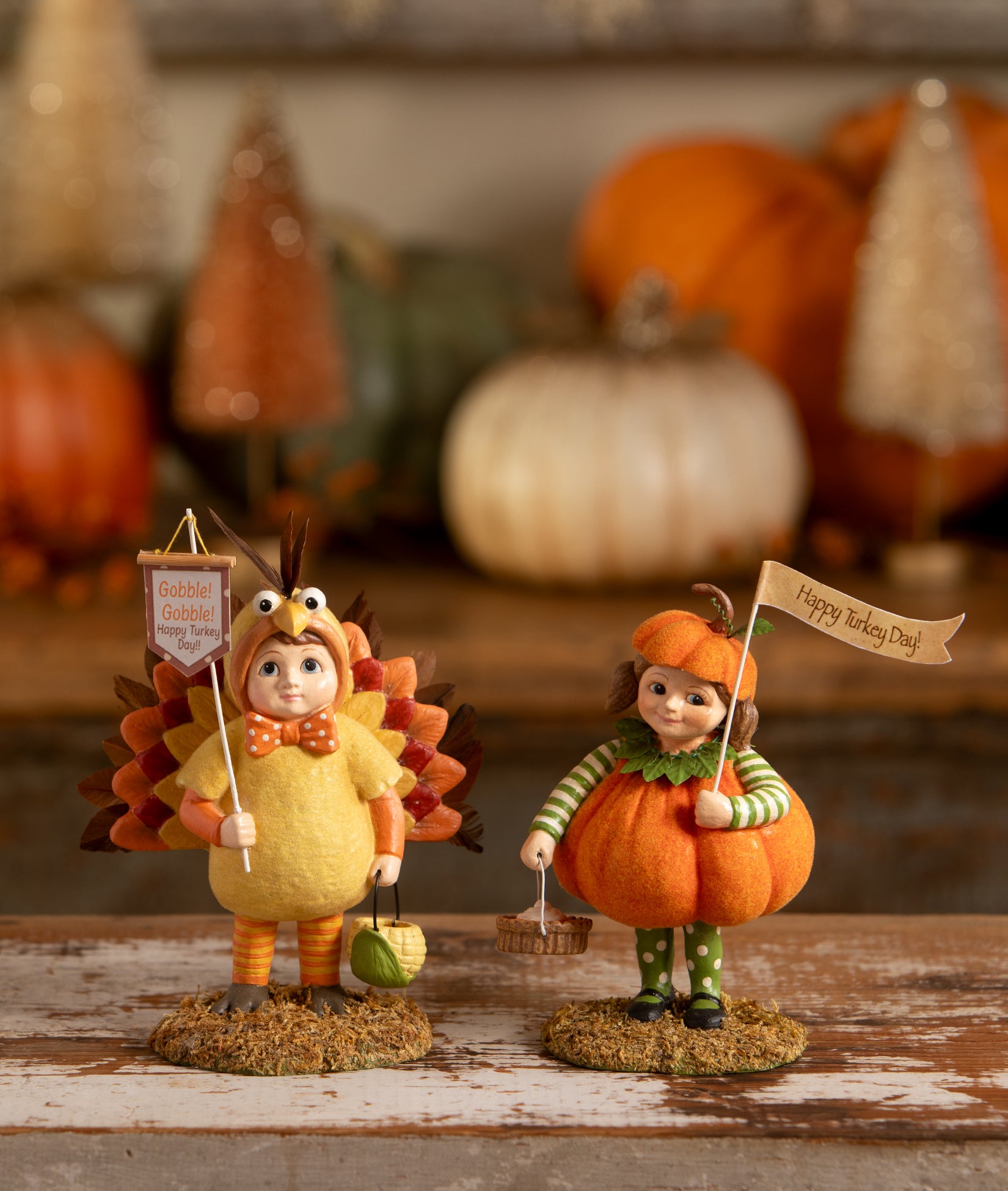 Cute Thanksgiving figurines by Bethany Lowe - Tommy Turkey Boy dressed in a Turkey costume and Petunia Pumpkin in a Pumpkin costume.