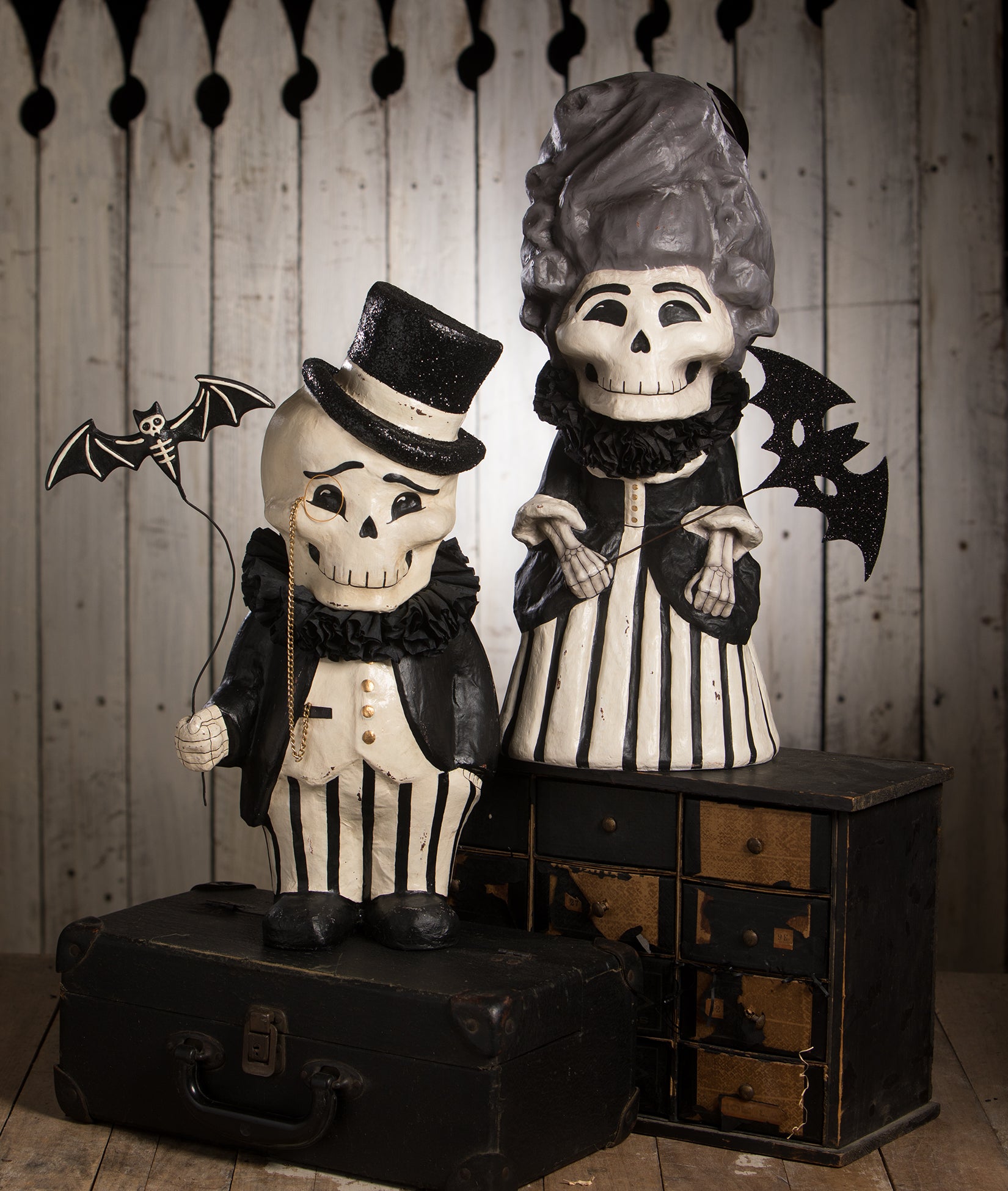 Dapper Desmond Skelly Skeleton & Divine Desiree - Large Paper Mache Black & White Halloween Decorations by Bethany Lowe