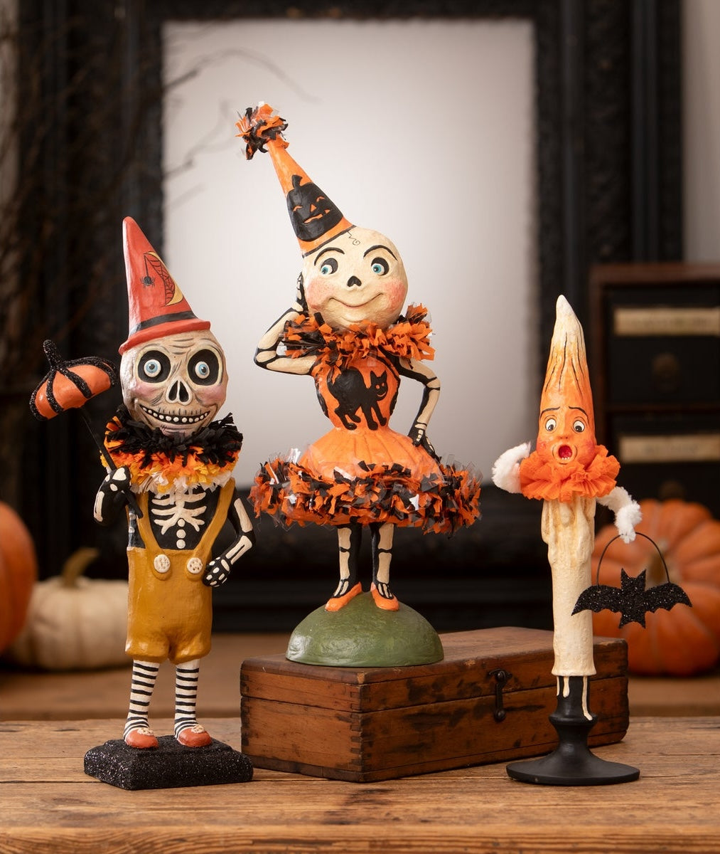 Debra Schoch Halloween Figurines; Skelota Skellington, Mr. Flame Candle, and Circus Skelly