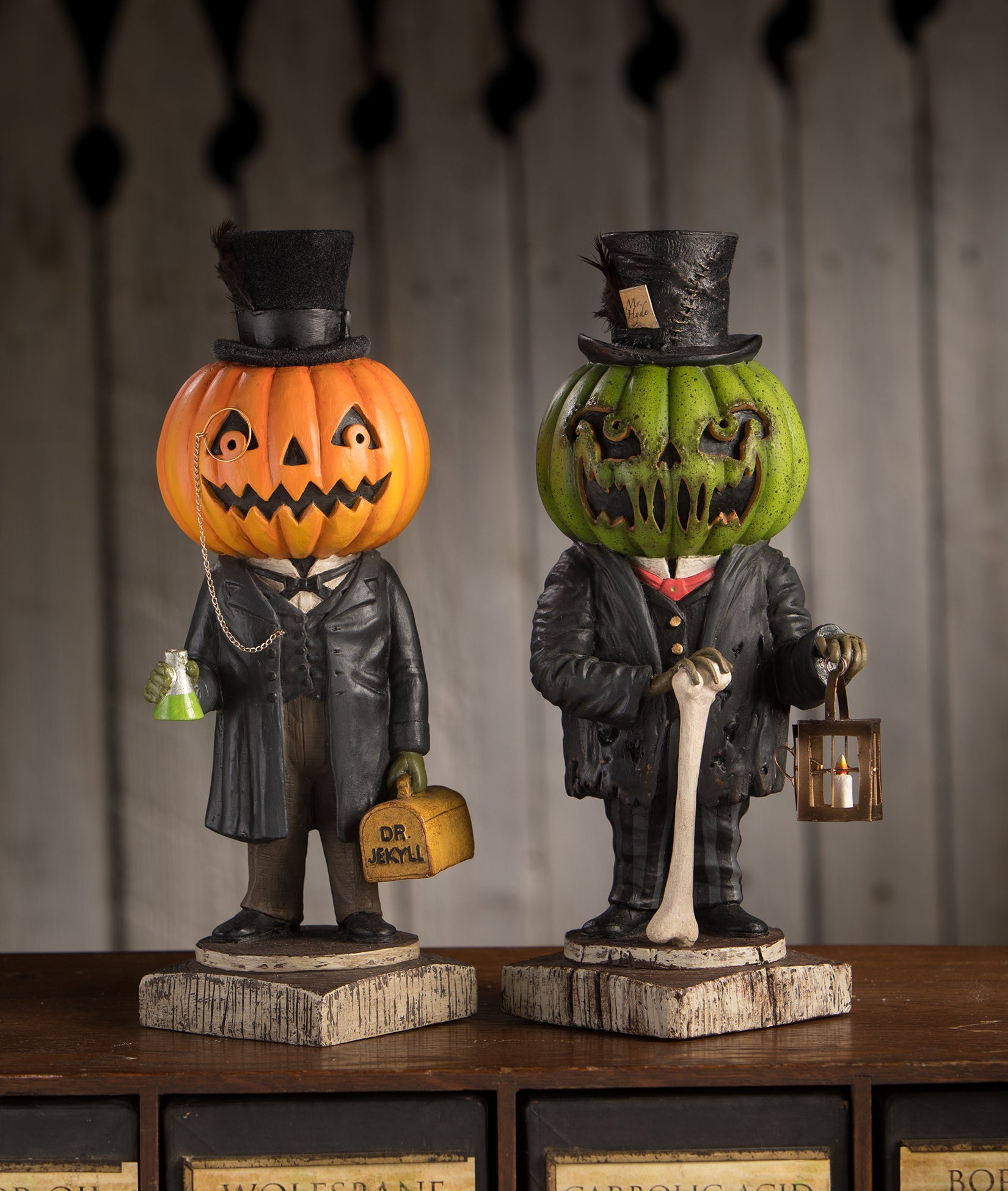 Dr. Jekyll & Mr. Hyde Pumpkin Head Figurines by Bethany Lowe