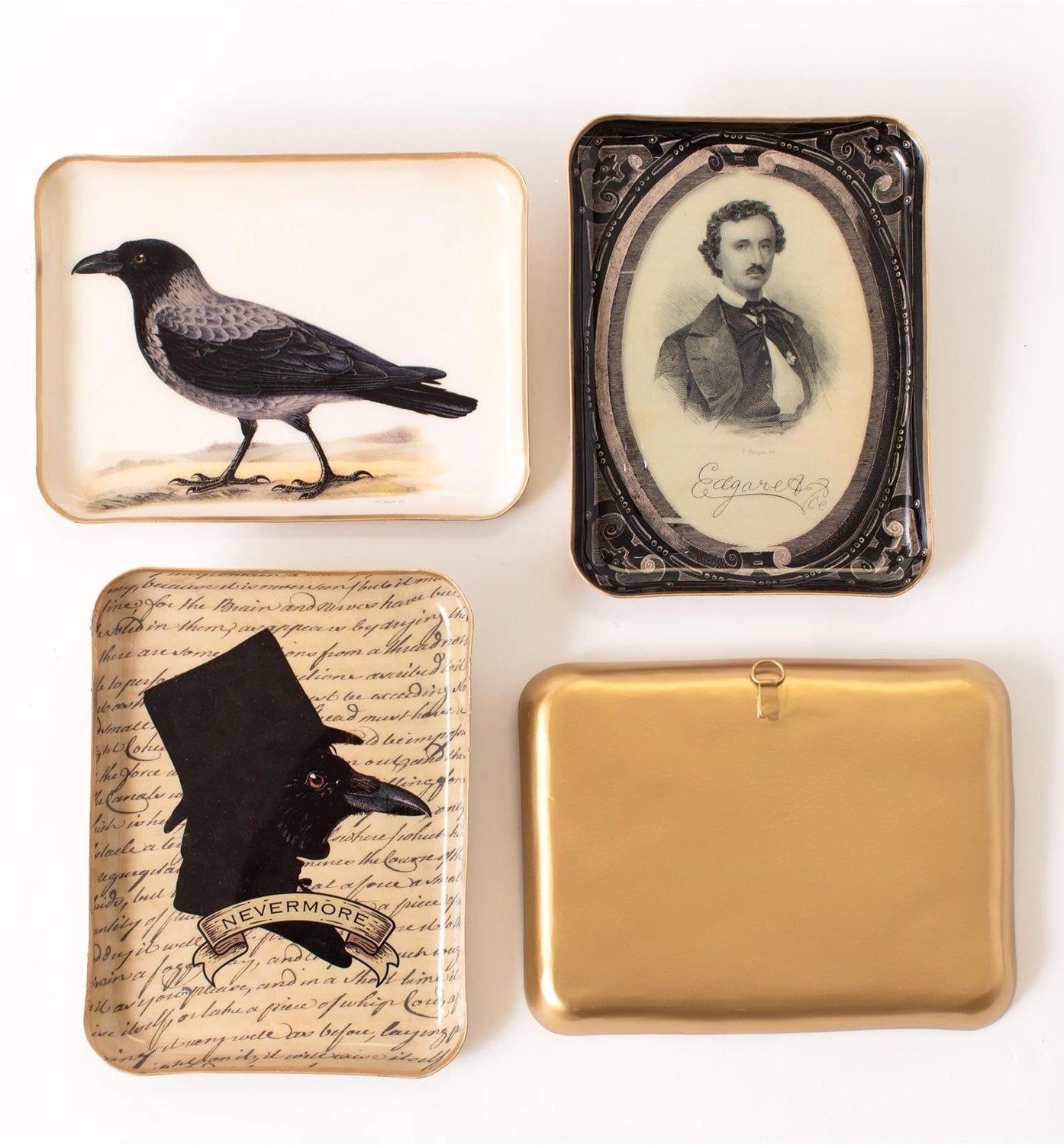 Edgar Allan Poe Halloween Decor - Wall Art Tray Set featuring ravens, a bat, and a portrait of Edgar Allan Poe the poet.