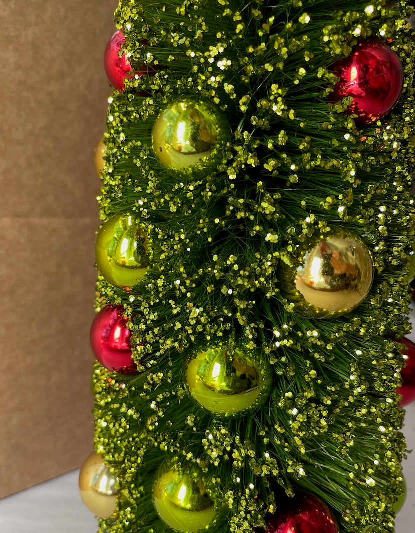 Extra Large Bottle Brush Christmas Trees with green glitter and red, green, and gold balls