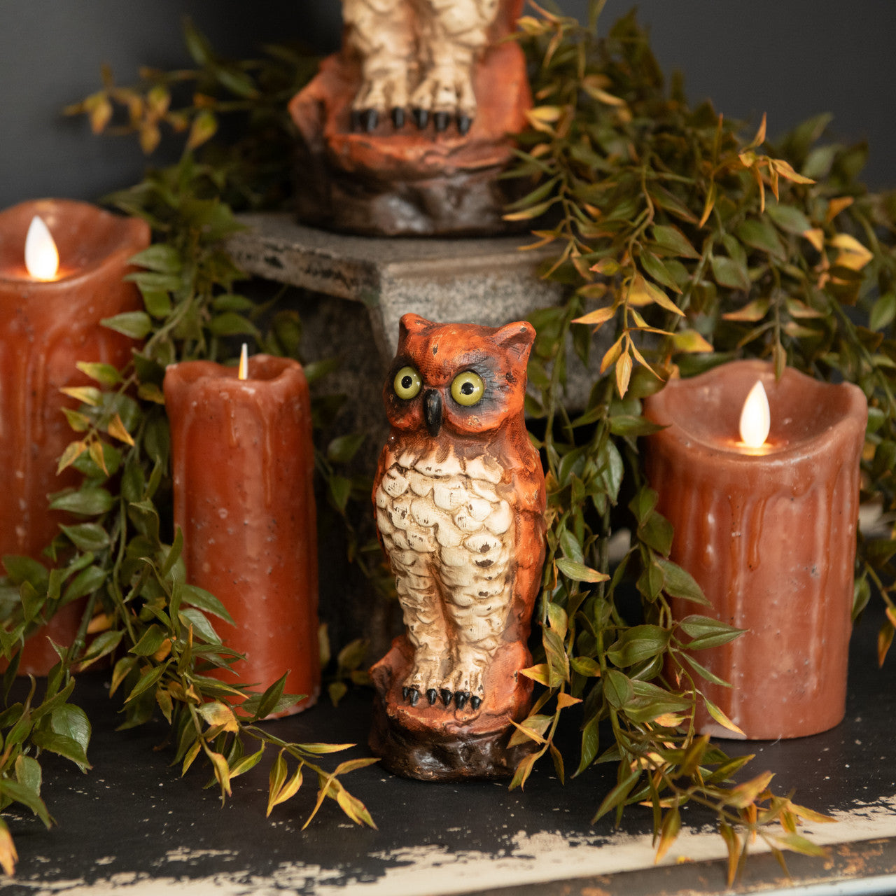 Autumn Vine Galrnad Shown with Owls and Candles with Fake Flames