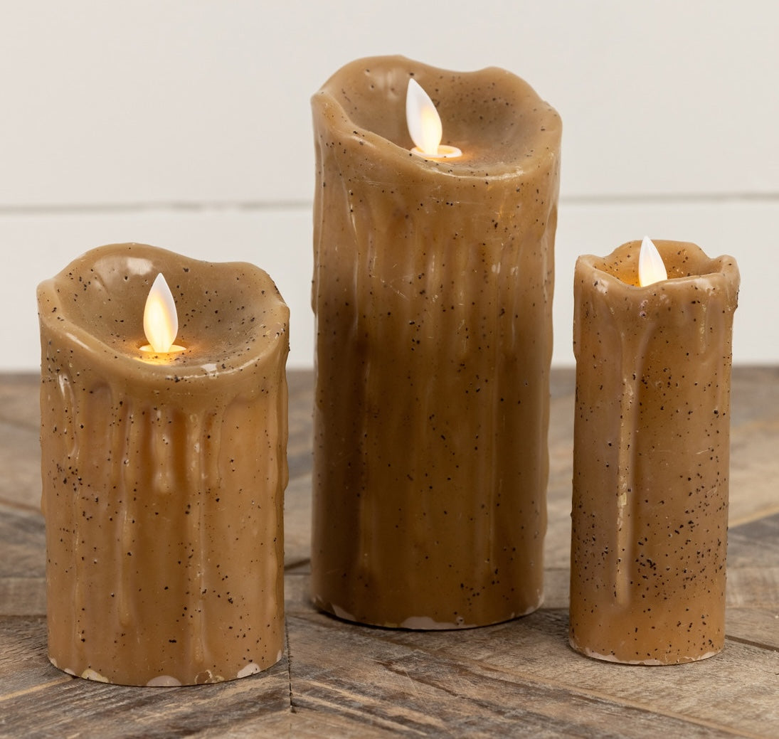 Farmhouse Pillar candles with Fake Flame, battery operated, tan, brown wax