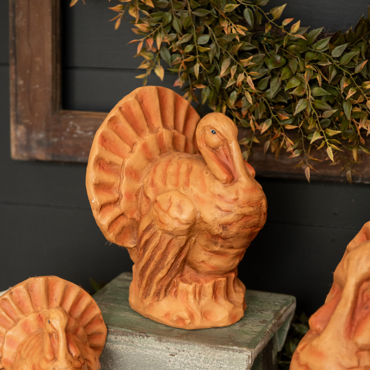Farmhouse Orange Turkey Shown with Thanksgiving Decor