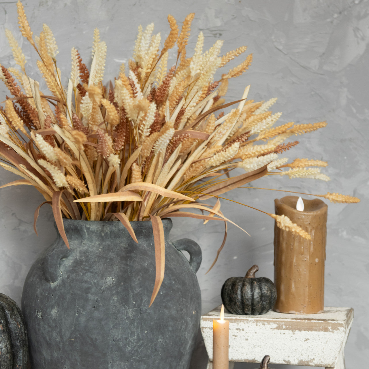 Fall and Thanksgiving Decorating with wheat and fake flame candles