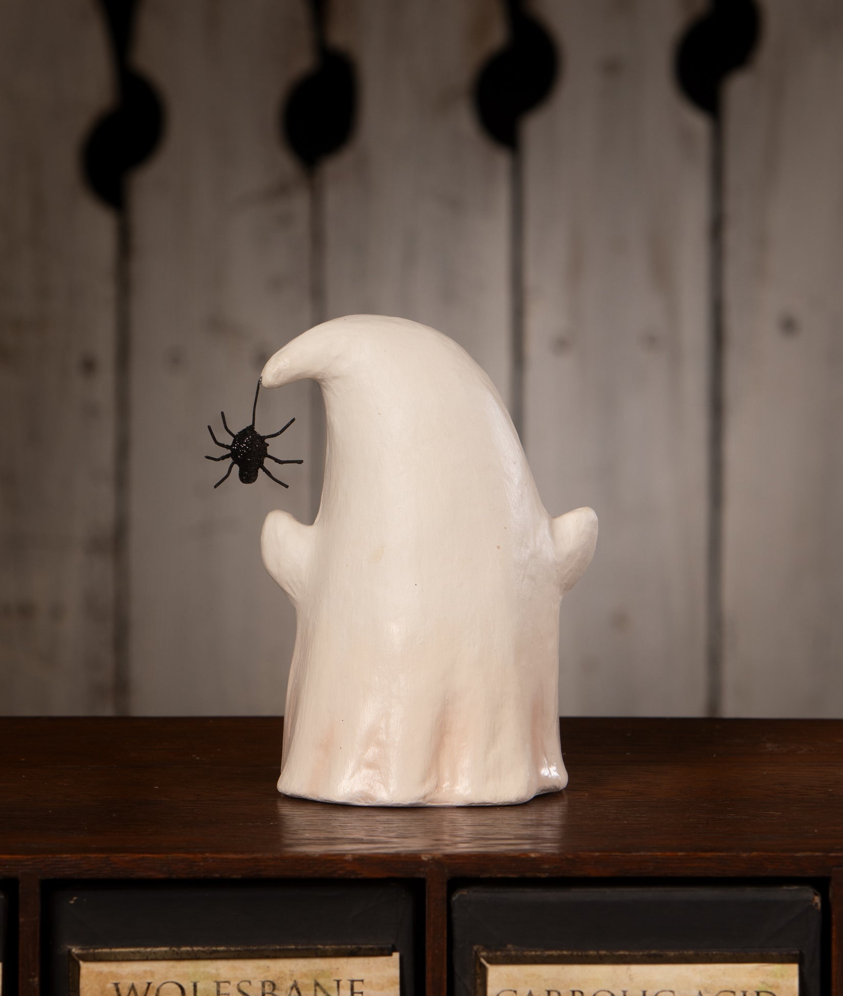 Paper Mache Ghost Luminary by bethany Lowe shown backside
