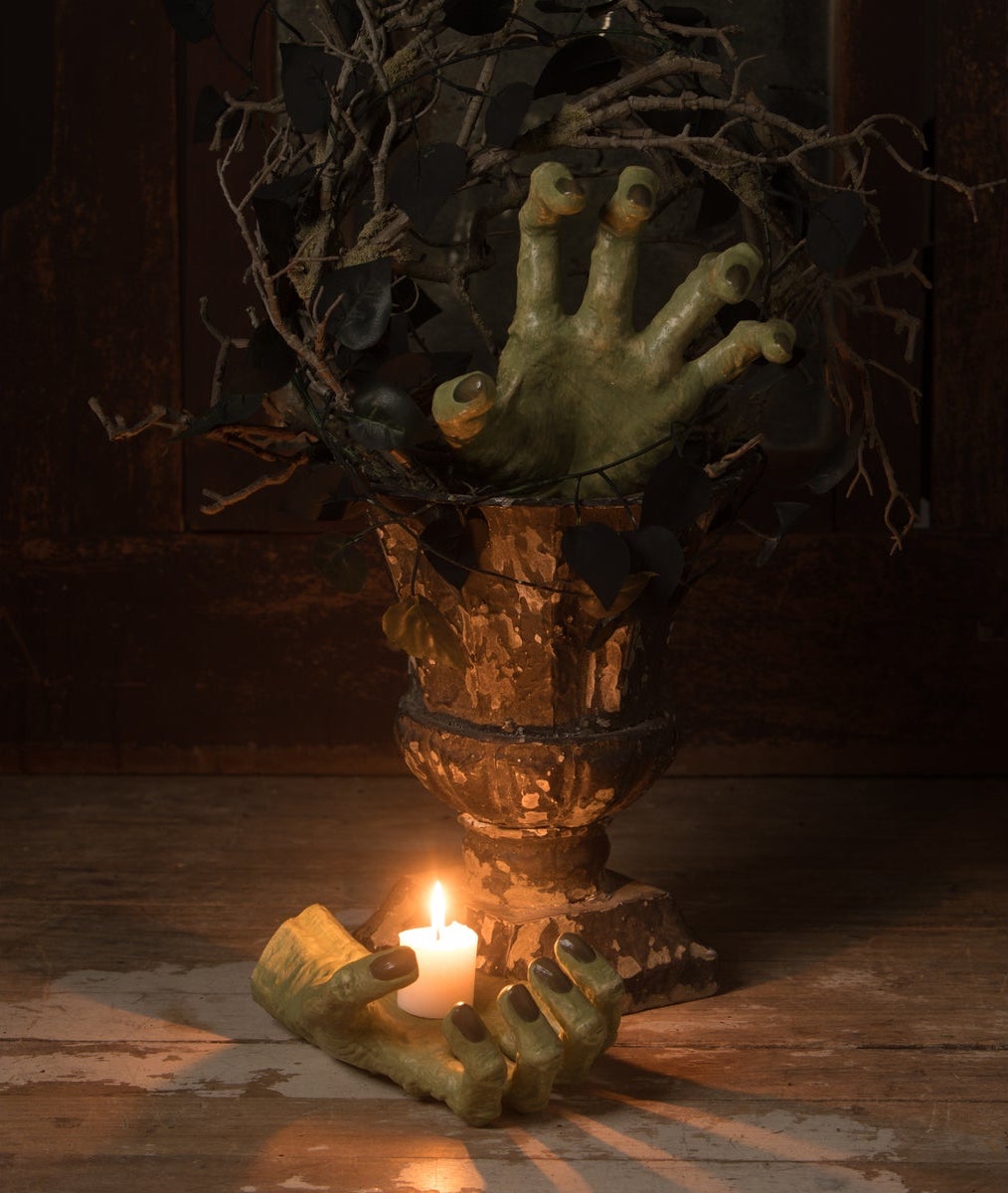 Halloween Display with Green Witch Hands Prop