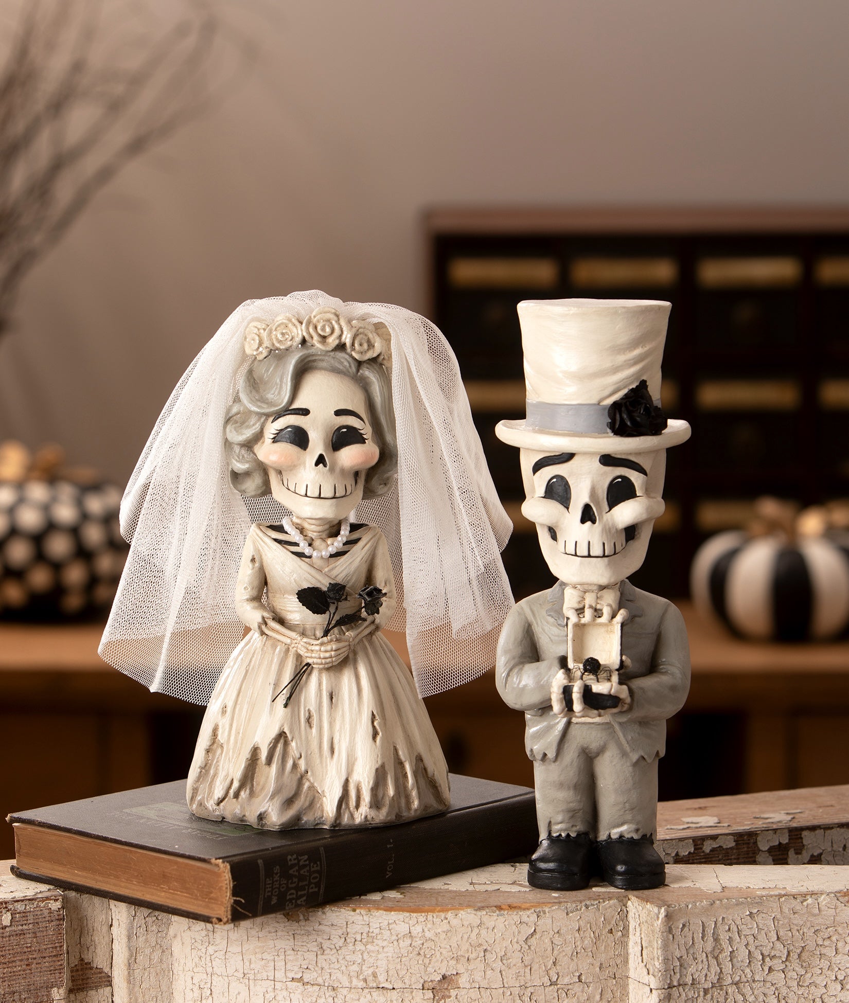 Skeleton bride and groom figurines, Bride Evangeline and Groom Mortimer Halloween Wedding decorations.