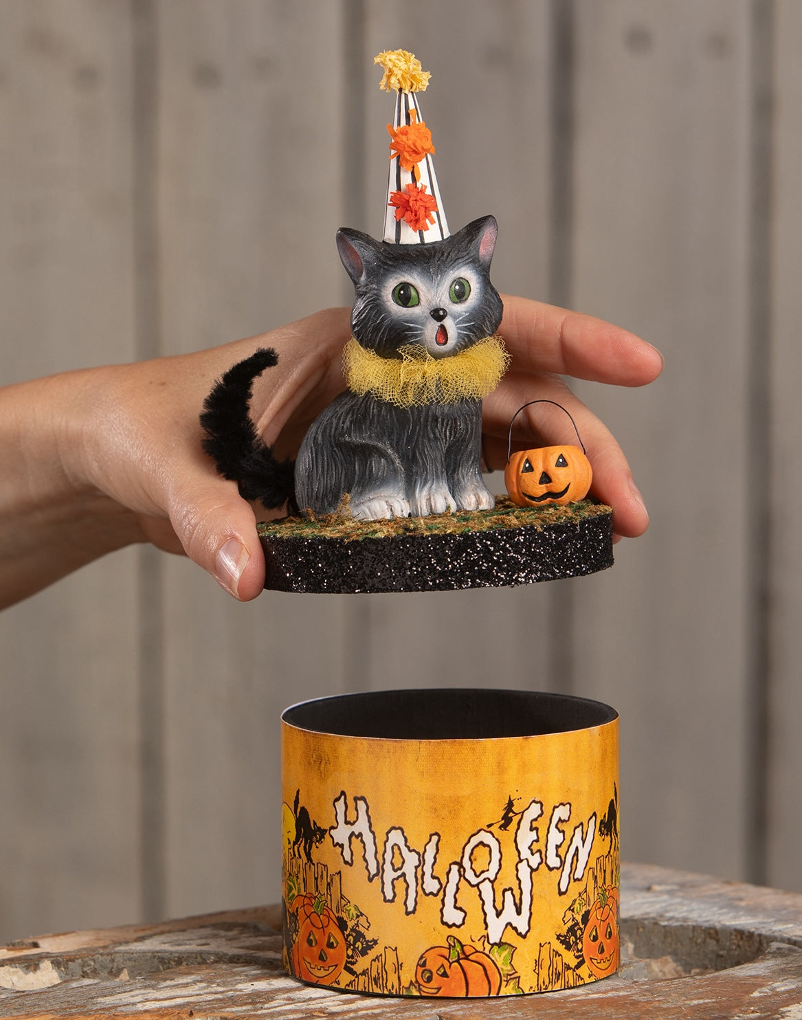 Cecil Cat n Box by Bethany Lowe - Retro Halloween Cat in Party Hat
