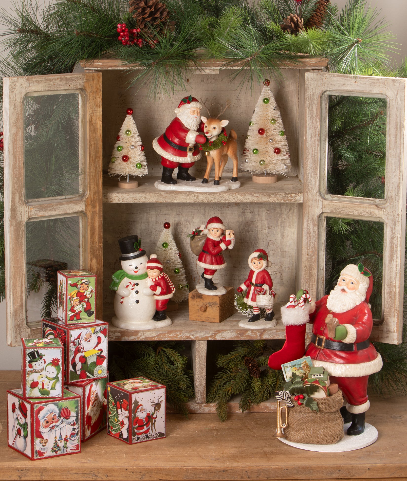 Hutch decorated with Bethany Lowe Christmas figurines