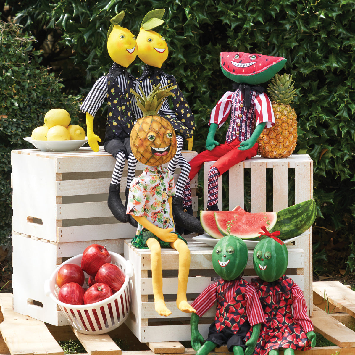 Cute Picnic & Backyard Barbecue Decorations - Lemon Head Dolls, Watermelon Doll and a Pineapple Doll by Joe Spencer