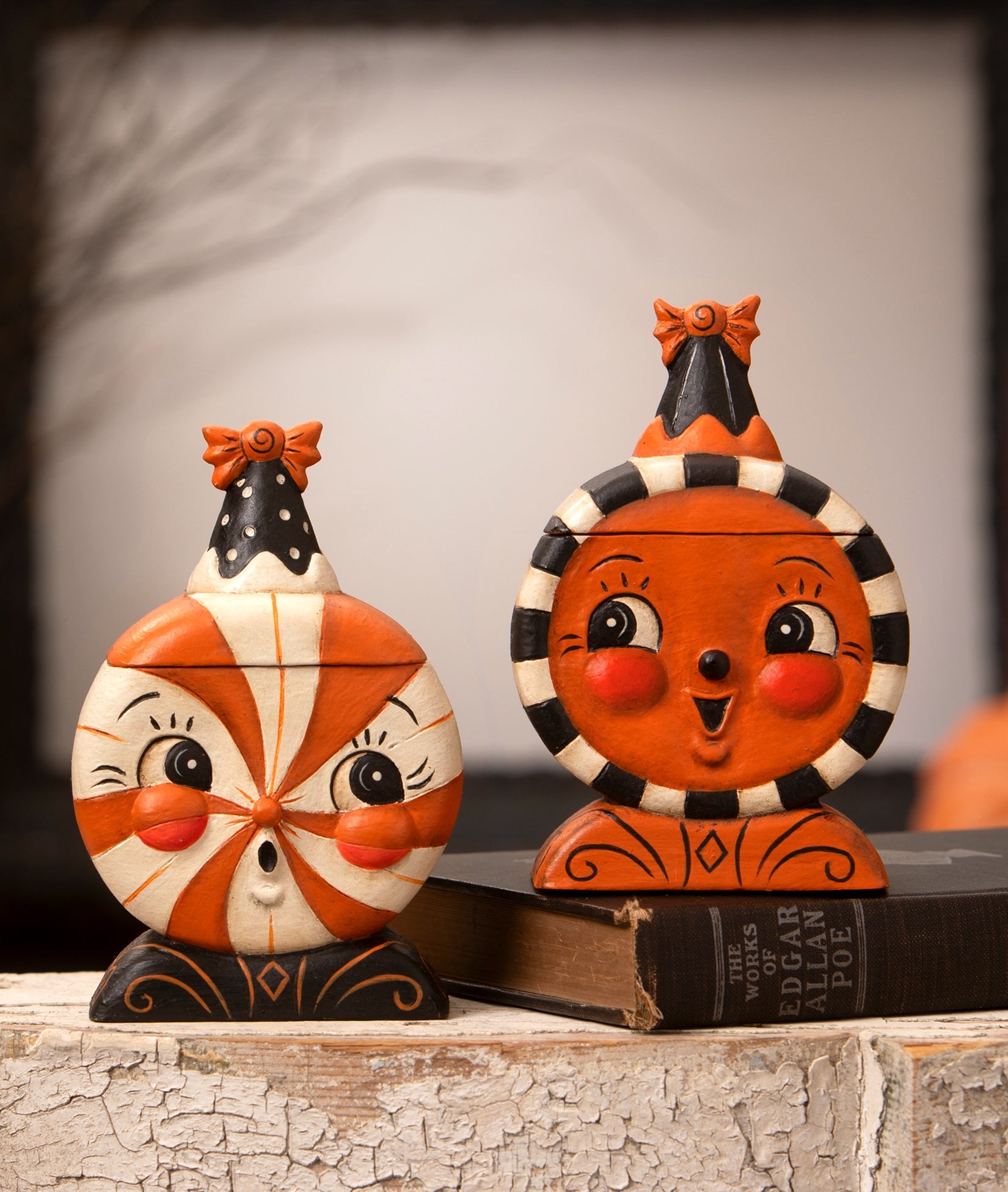 Johanna Parker Halloween Treat Boxes. Cute Halloween themed candy shaped containers in orange, white, and black.