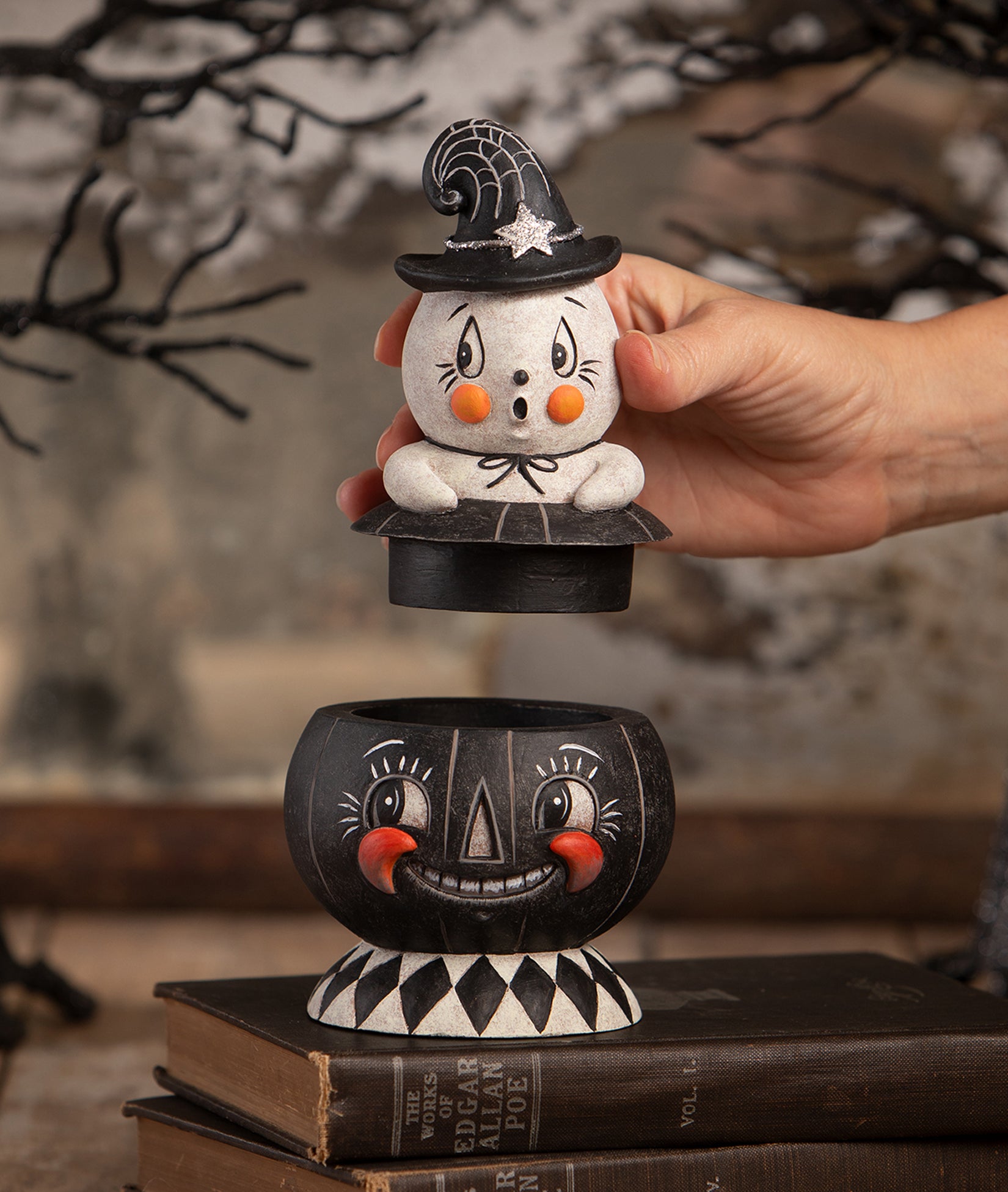 Incognito Gus & Tito Container by Johanna Parker. Black and white Halloween decorations.