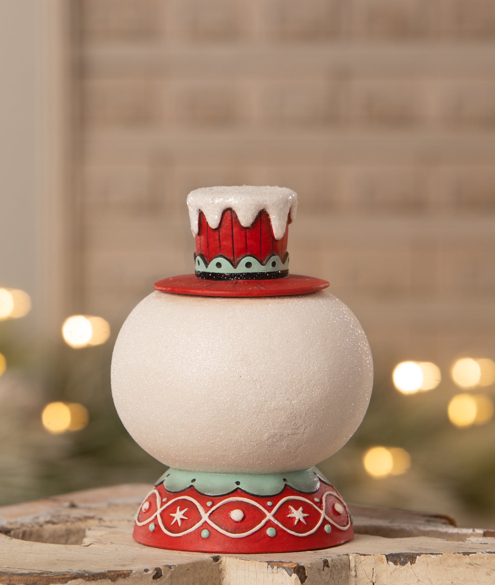 Peppermint Snow Beau - Snowman with red top hat container shown backside.