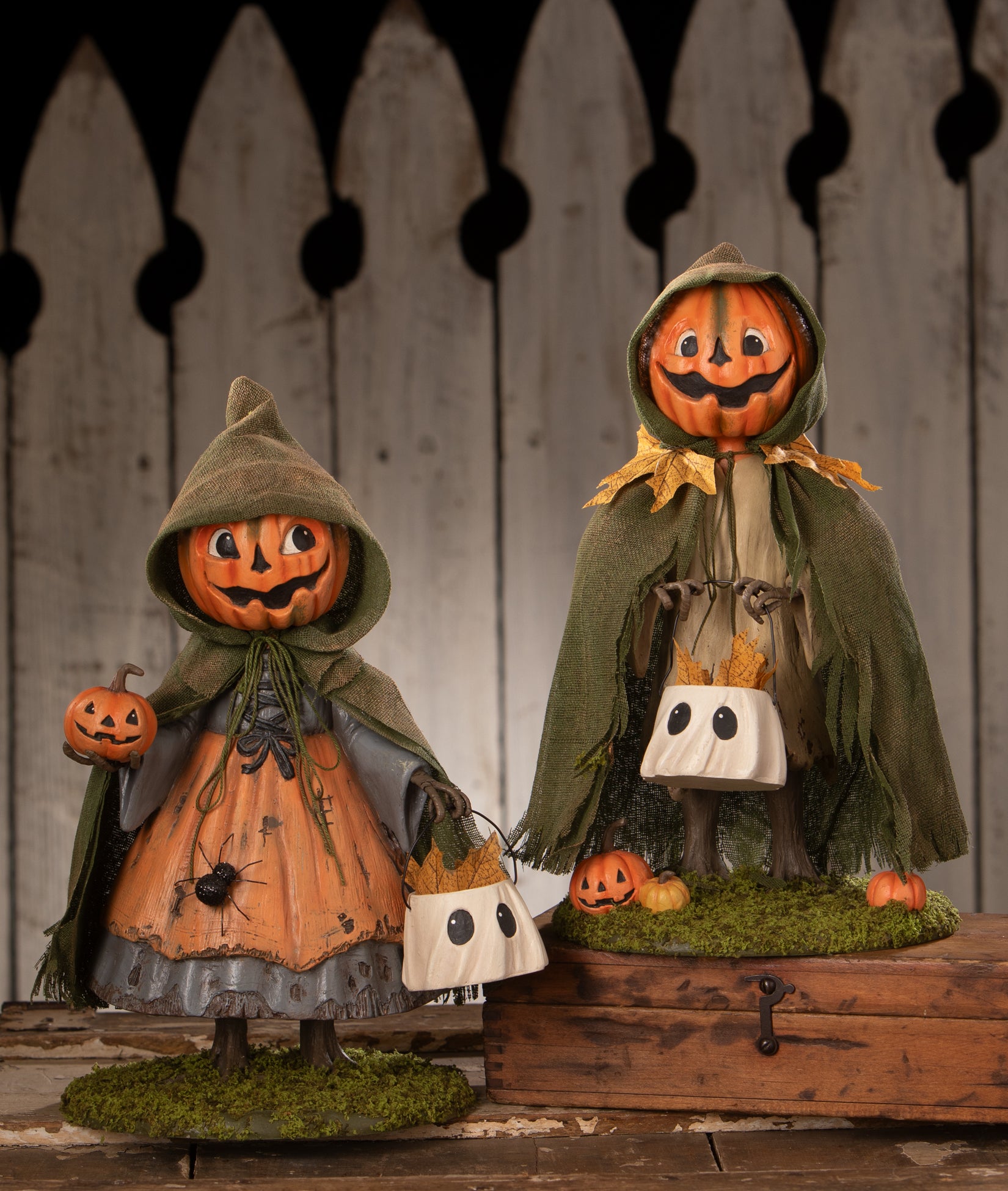 Smiling Susie Pumpkin and Jolly Jack Pumpkin - Cute Halloween figurines from the 2026 Bethany Lowe Halloween Collection.