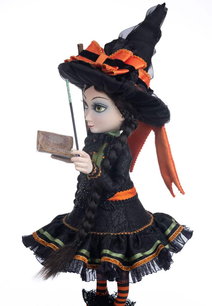 Katherine's Collection Hilary Blackroot on Broom Witch with Spellbook & Magic Wand