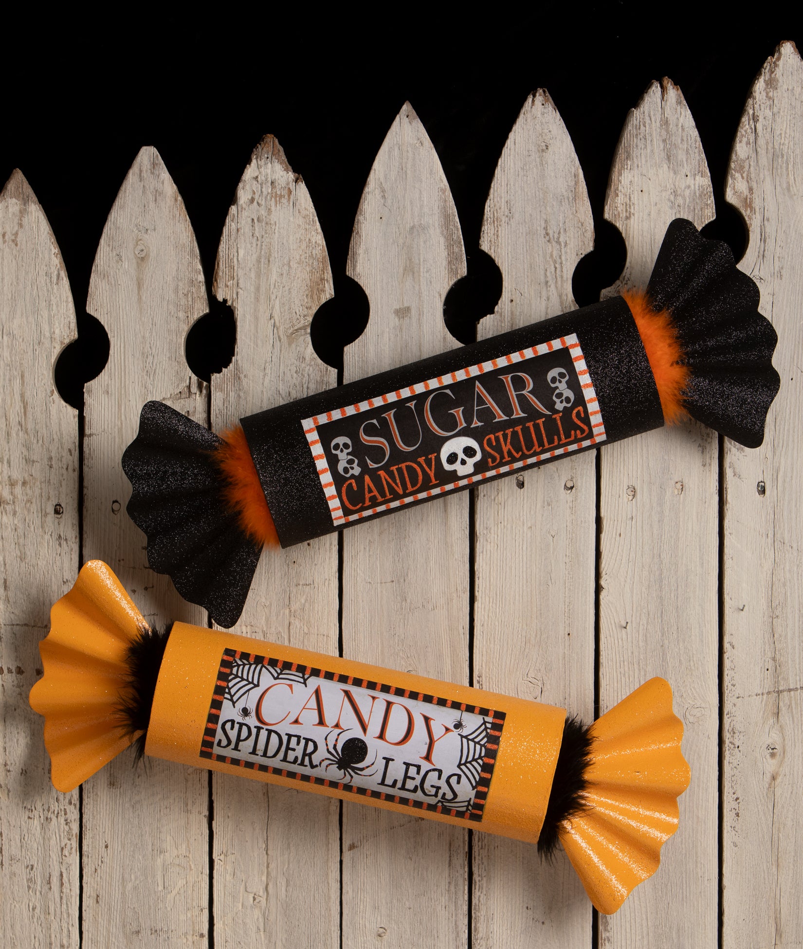 Large Wrapped Candy Decor. Sugar Candy Skulls and Candy Spider Legs. From the Bethany Lowe Halloween Collection.