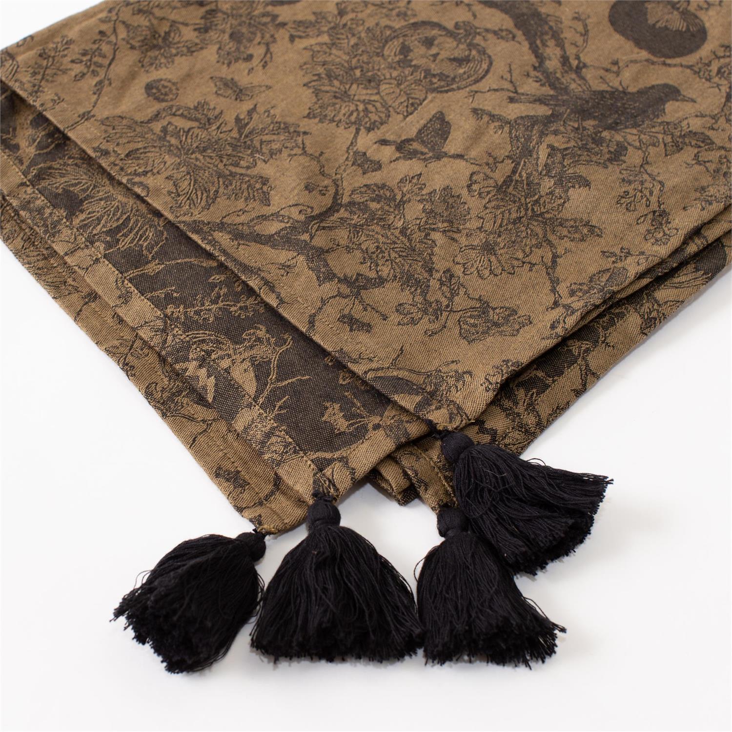 Midnight Messenger Tablecloth made with black and gold Halloween fabric featuring Ravens, Pumpkins, and Bats.