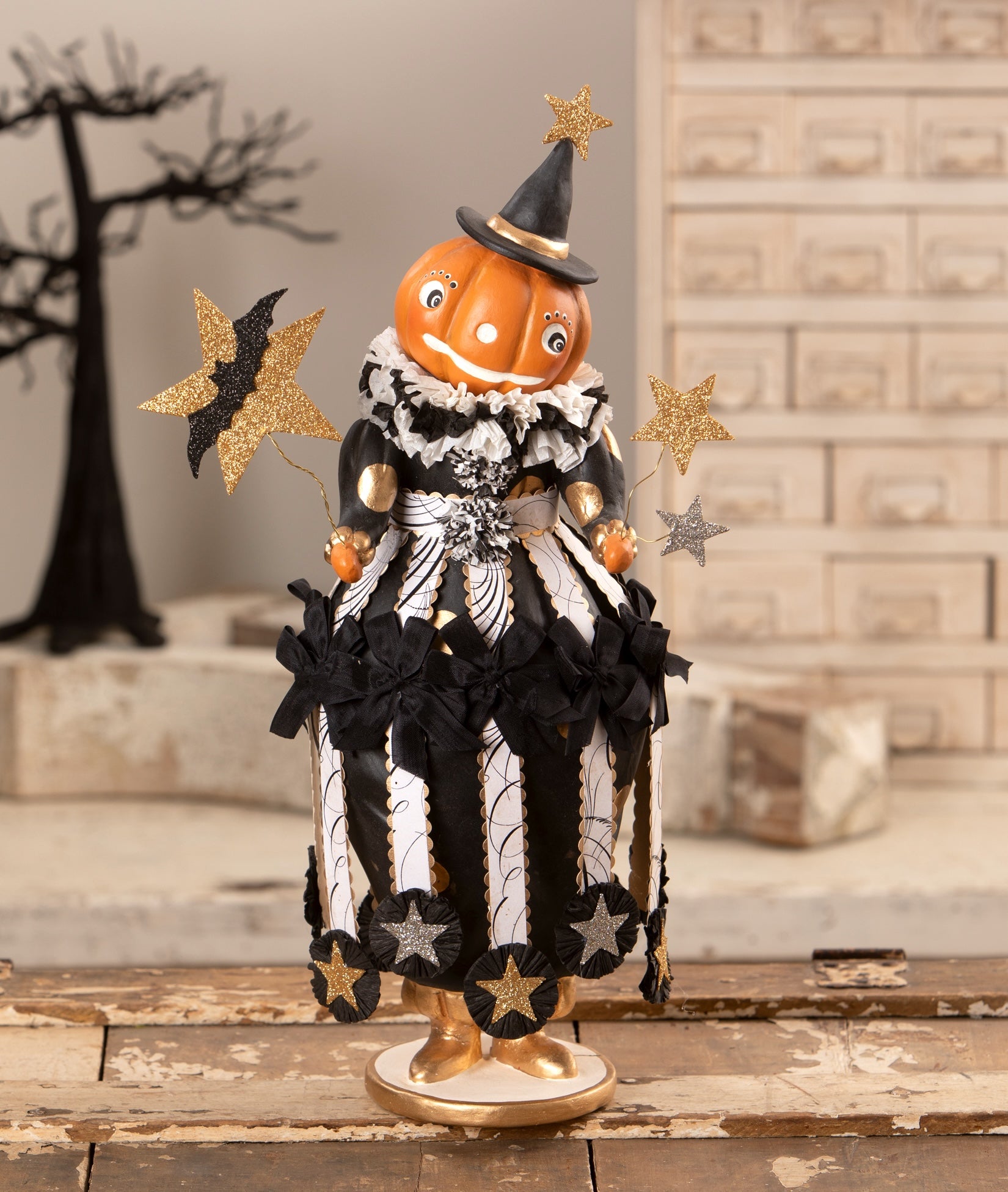 Miss Fancy Pants Jackie Pumpkin Witch Figurine unique halloween decorations designed by artist Dee Foust-Harvey.