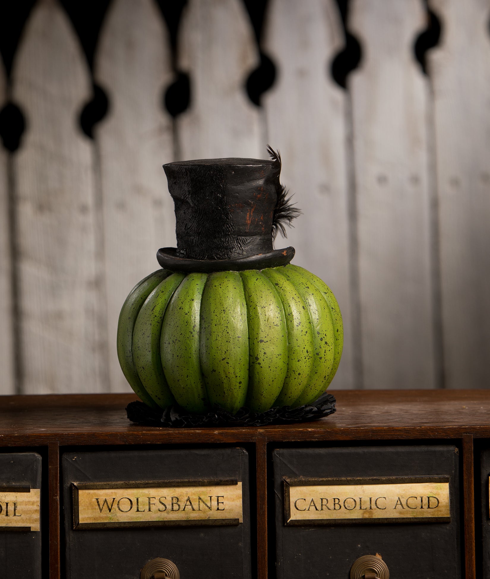 Mr. Hyde Green Pumpkin Luminary with Top Hat shown backside